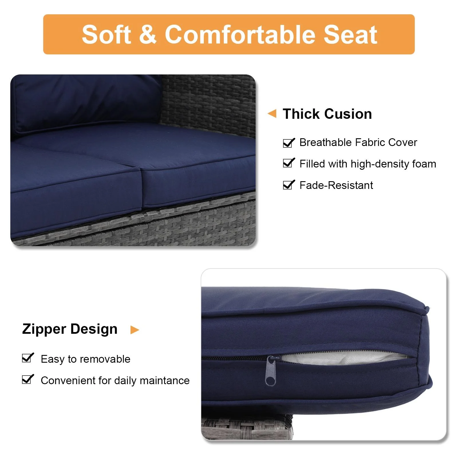 JOIVI Patio Outdoor Wicker Loveseat Sofa, Patio Furniture Rattan 2-seat Couch with Cushions for Outside Balcony, Porch, Deck, Garden, Navy Blue