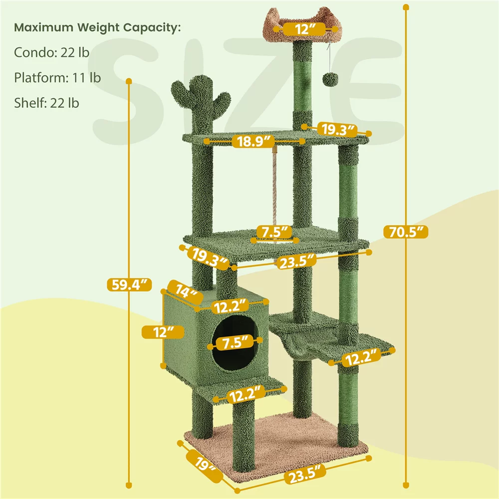 Yaheetech 70.5''H Cactus Cat Tree Cat Tower with Platform,Green/Brown