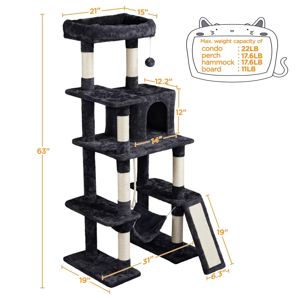 Easyfashion Multilevel 63inch Cat Tree Tower for Kitchens, Black