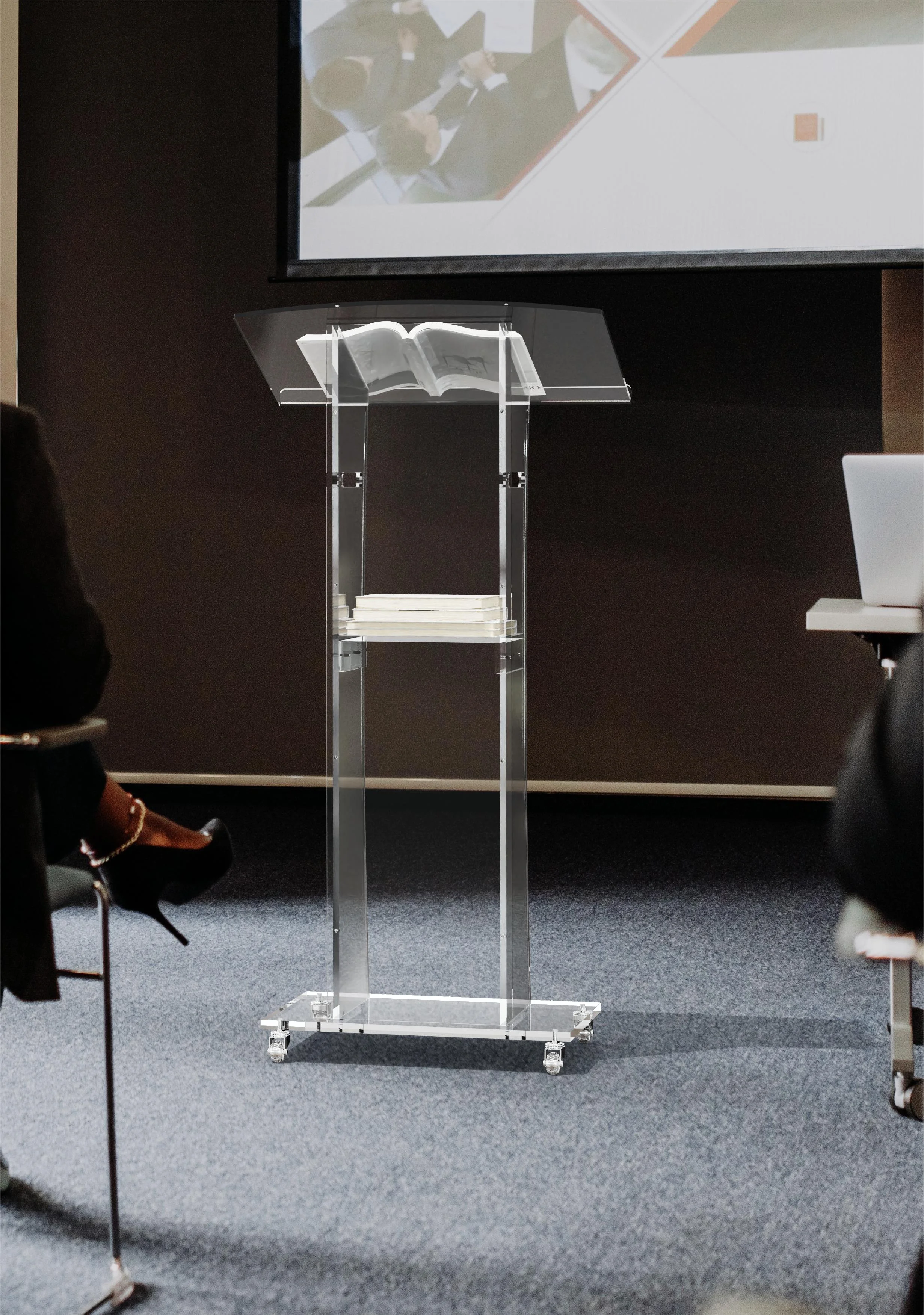 Ageszoe Modern Acrylic Clear Rolling Podium Stand with Storage Shelf, 47