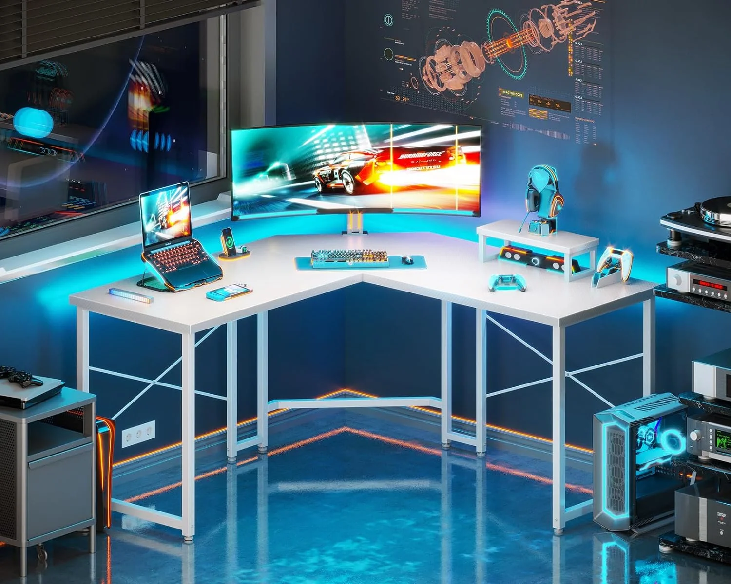 51 Inch L Shaped Gaming Desk with Monitor Stand, Computer Desk for Home Office, PC Corner Desk Table Sturdy Writing Workstation, Carbon Fiber Surface, White