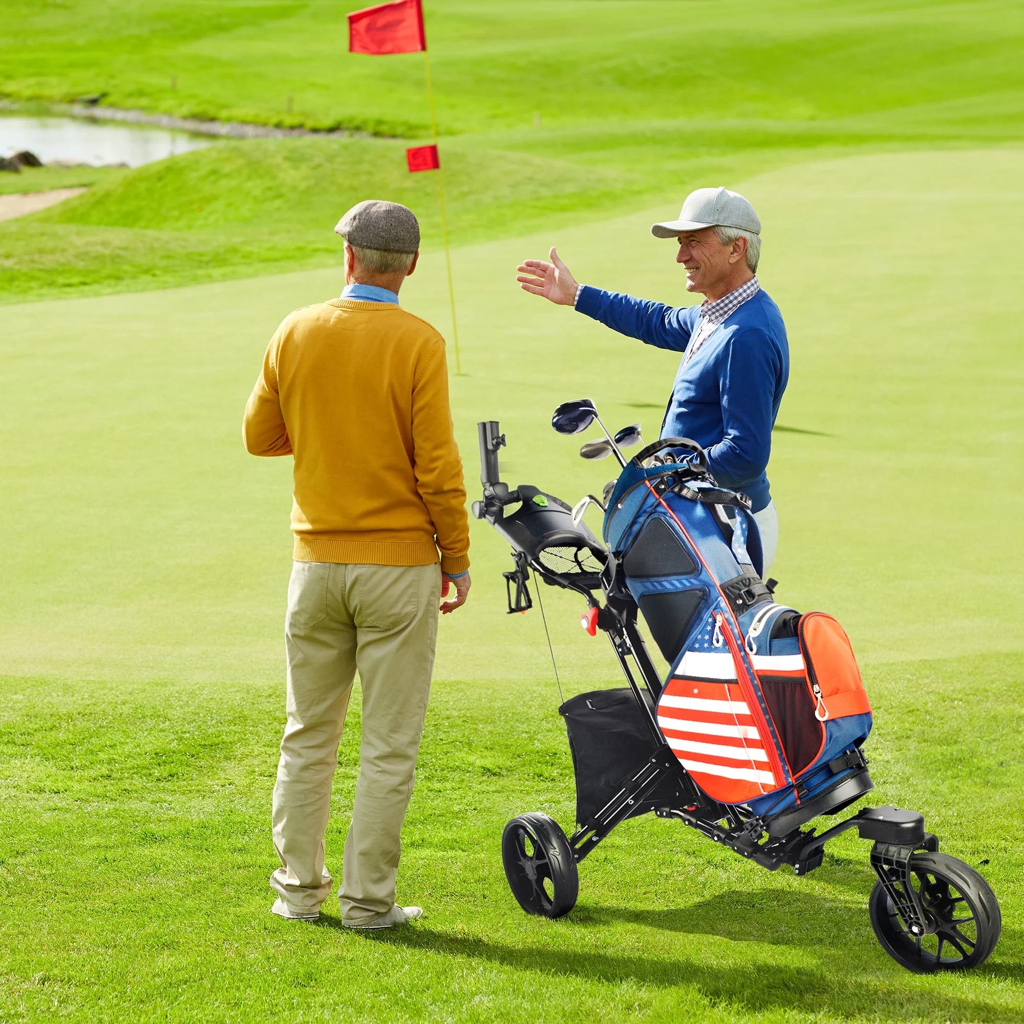 BOBOPRO Universal Wheel Golf Push Cart with Footbrake, Bottle Holder, Umbrella Stand, Cooler Bag,Balck