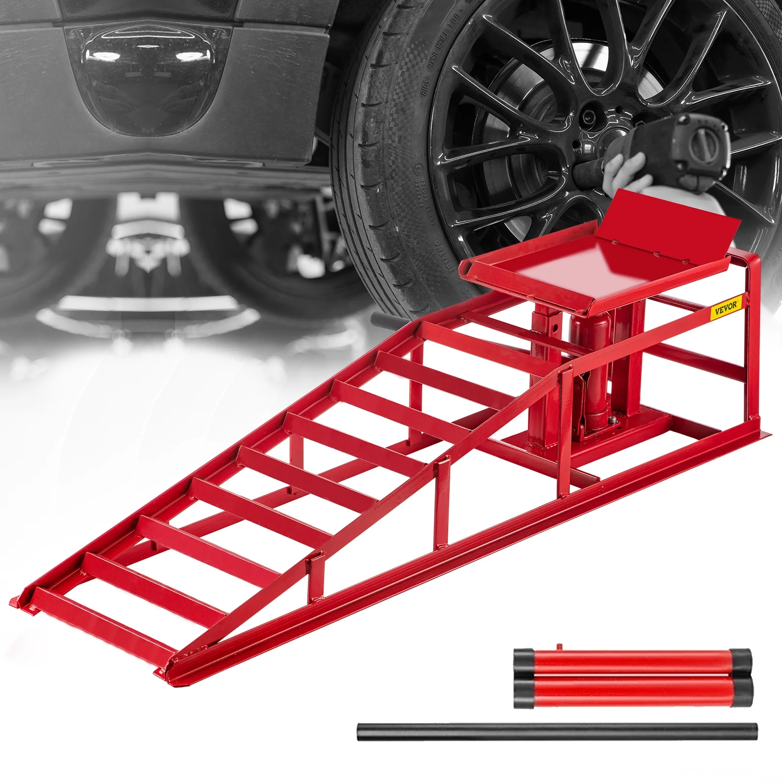 VEVORbrand Hydraulic Vertical Car Ramps 5500lbs2.5T , Auto, Truck Service Ramp Hydraulic Lift Heavy Duty Steel Low Profile w/ Hydraulic Jack, Red 1 Piece