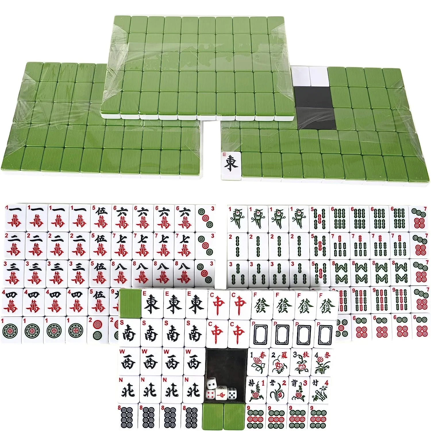bimiti Playing MahJong Classic Strategy Game for Kids, Families, Melamine Chinese Mahjong Set Gift with Word