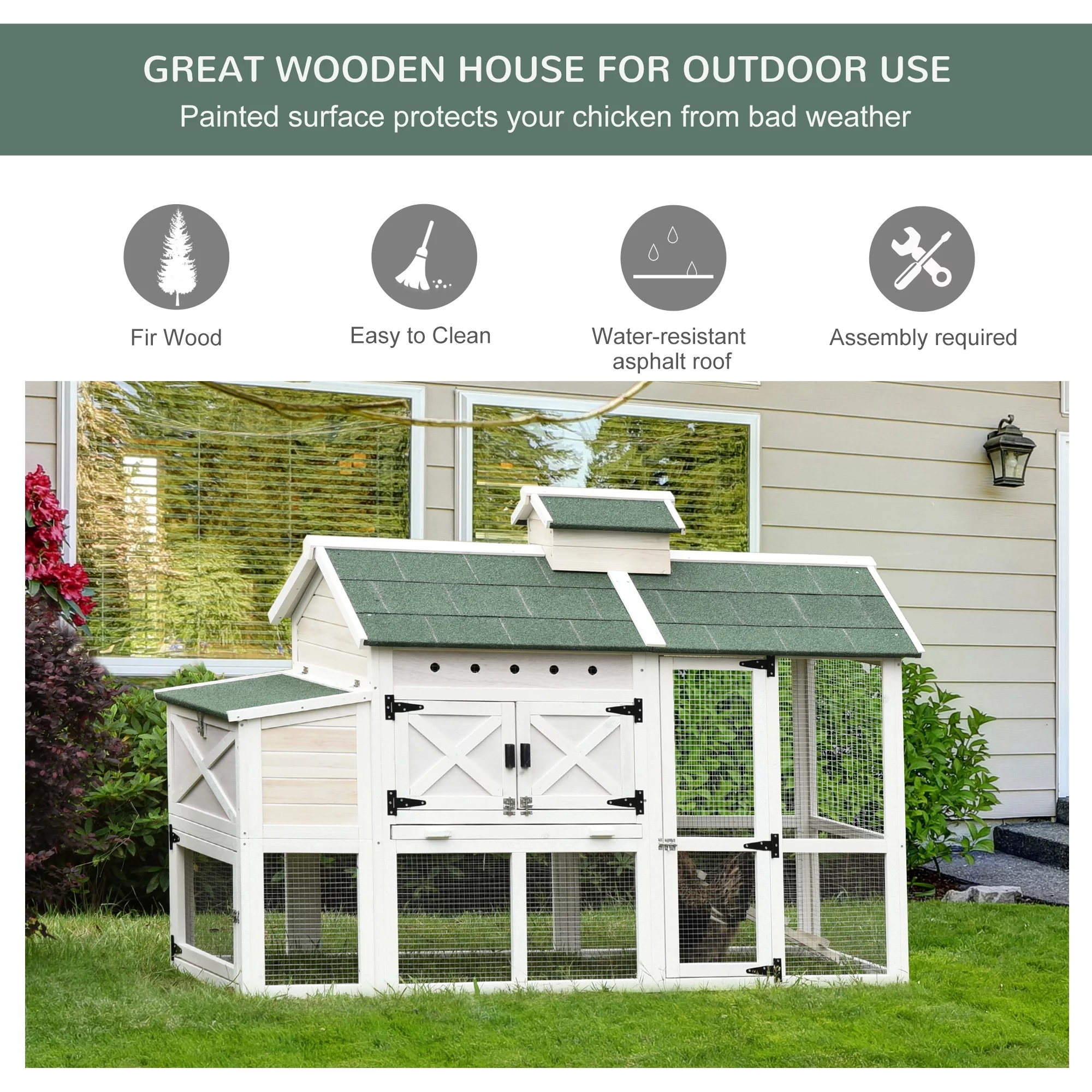 PawHut Wooden Chicken Coop Hen House with Removable Tray and Ventilated Hole 71