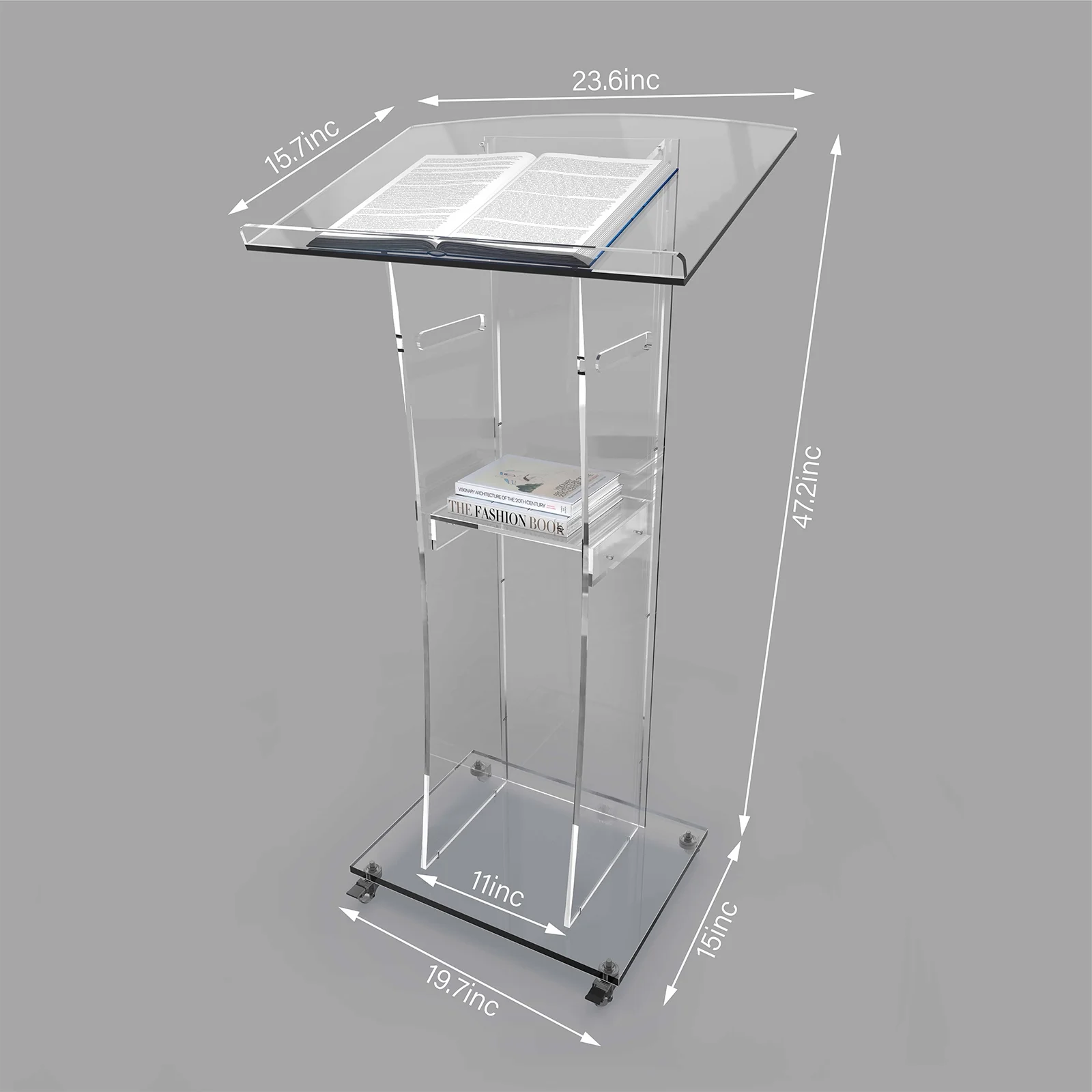 Ageszoe Modern Acrylic Clear Rolling Podium Stand with Storage Shelf, 47