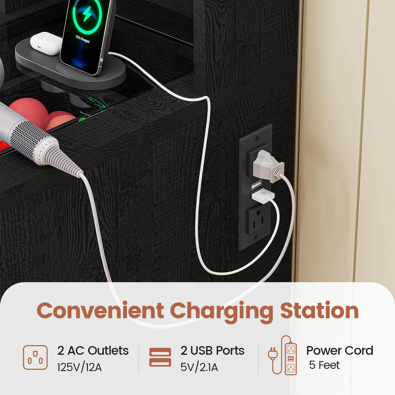 Makeup Vanity Desk with Sliding Mirror and Lights,Farmhouse Vanity Table with Charging Station&5 Drawers&Cabinets, Black