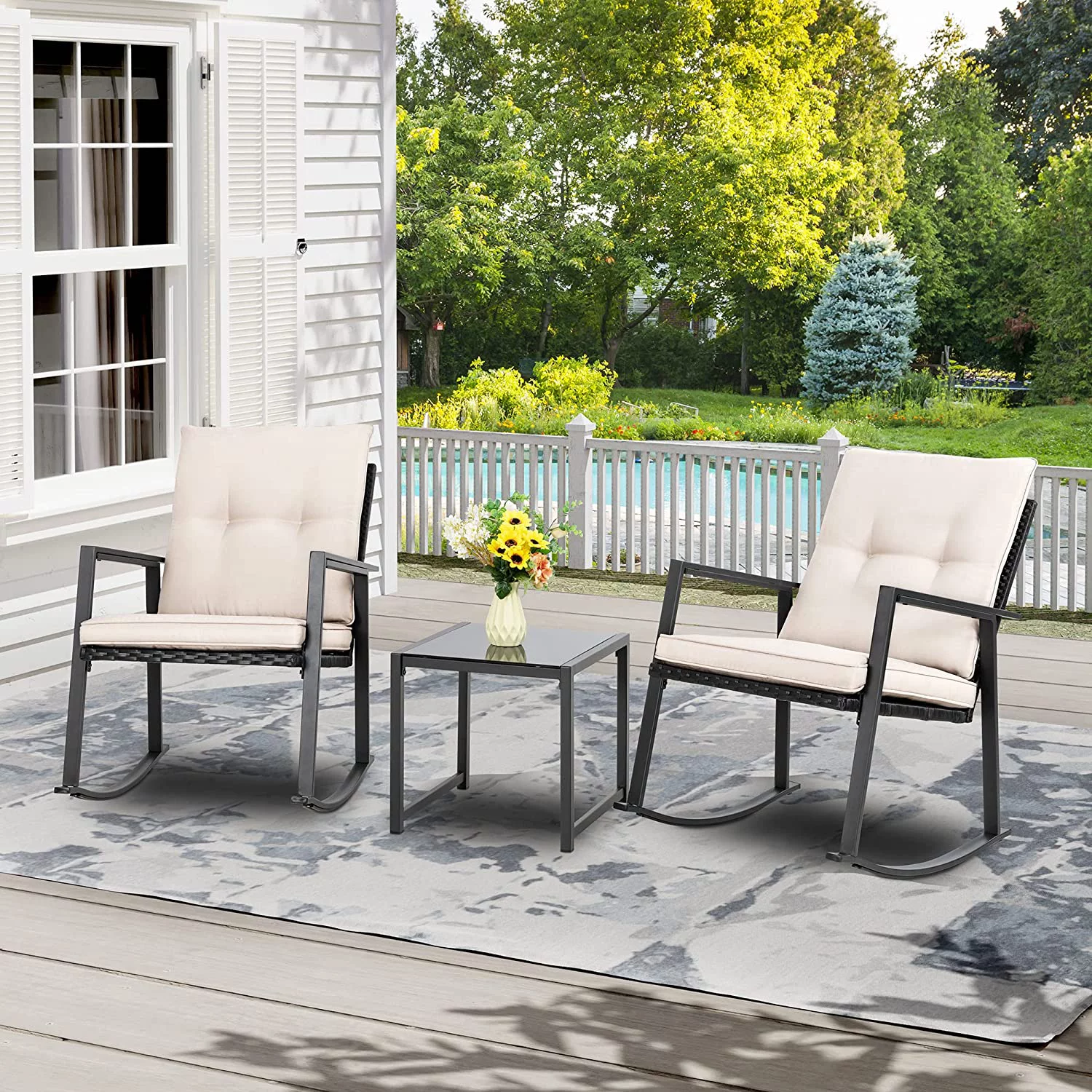 Shintenchi 3 Pieces Rocking Bistro Set Wicker Patio Outdoor Furniture, 2 Rattan Porch Chairs Conversation Sets with Glass Coffee Table (Beige)