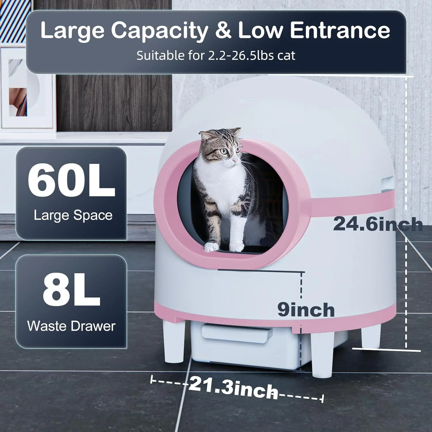CATLK Self Cleaning Litter Box,Intelligent App Control Monitoring in real-time,60L Large Space+8L Waste Drawer,Suitable for 2.2-26.5lbs Cat