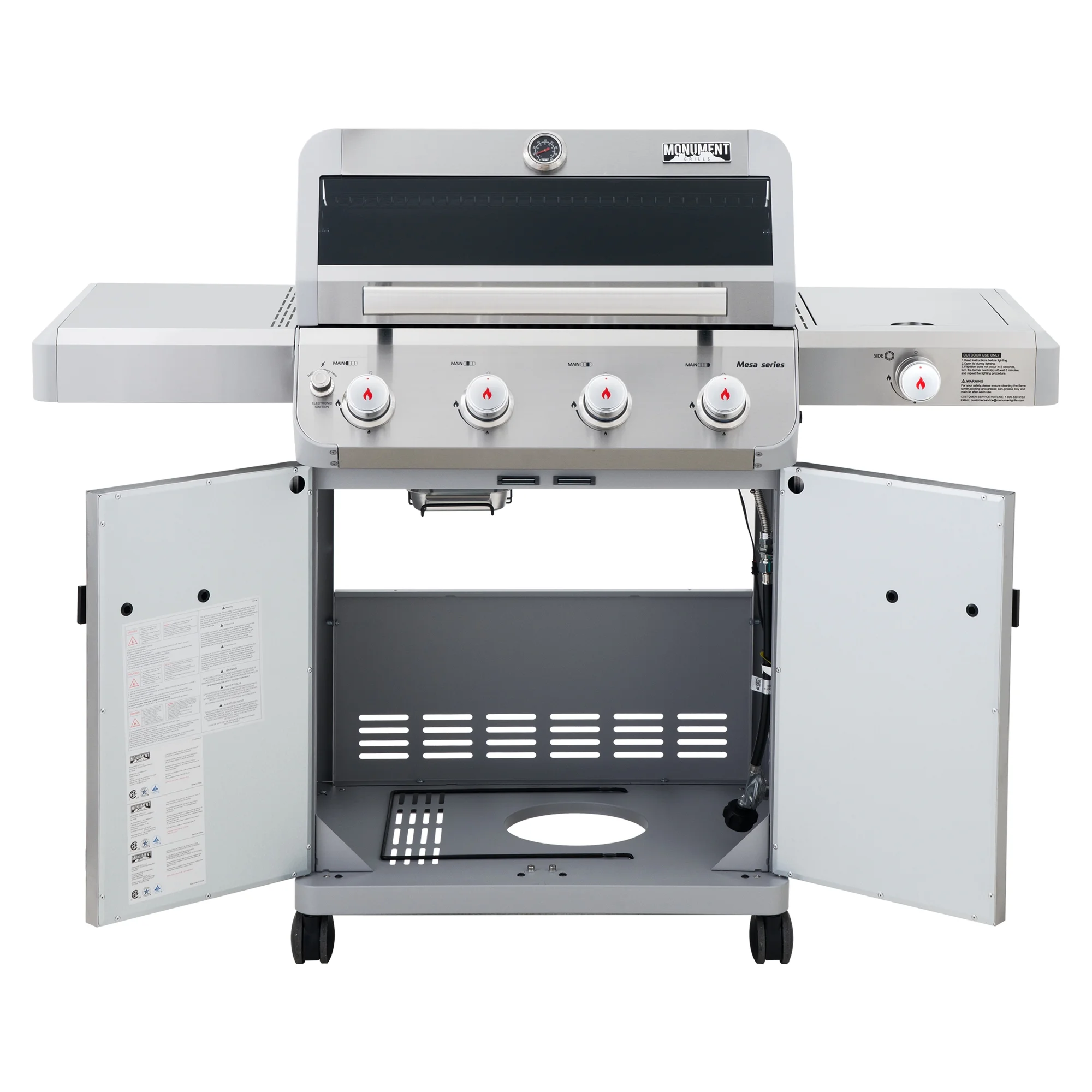 Mesa 4-Burner Propane Gas Grill in Stainless Steel with Clear View Lid, Side Burner and LED Controls