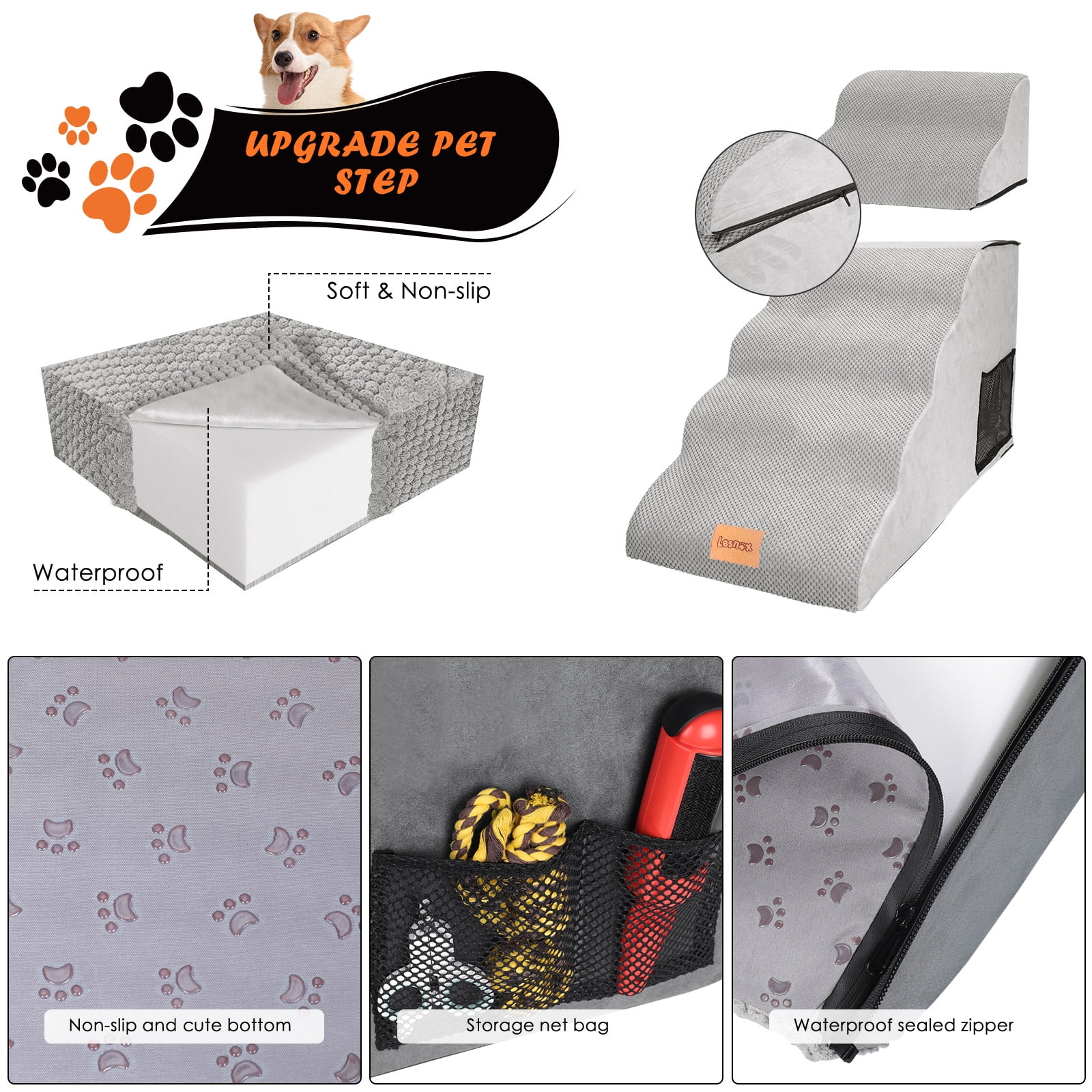 TOPMART 6 Step Pet Stairs for Dogs,Sponge Dog Stairs for High Beds,27.6in High,Grey