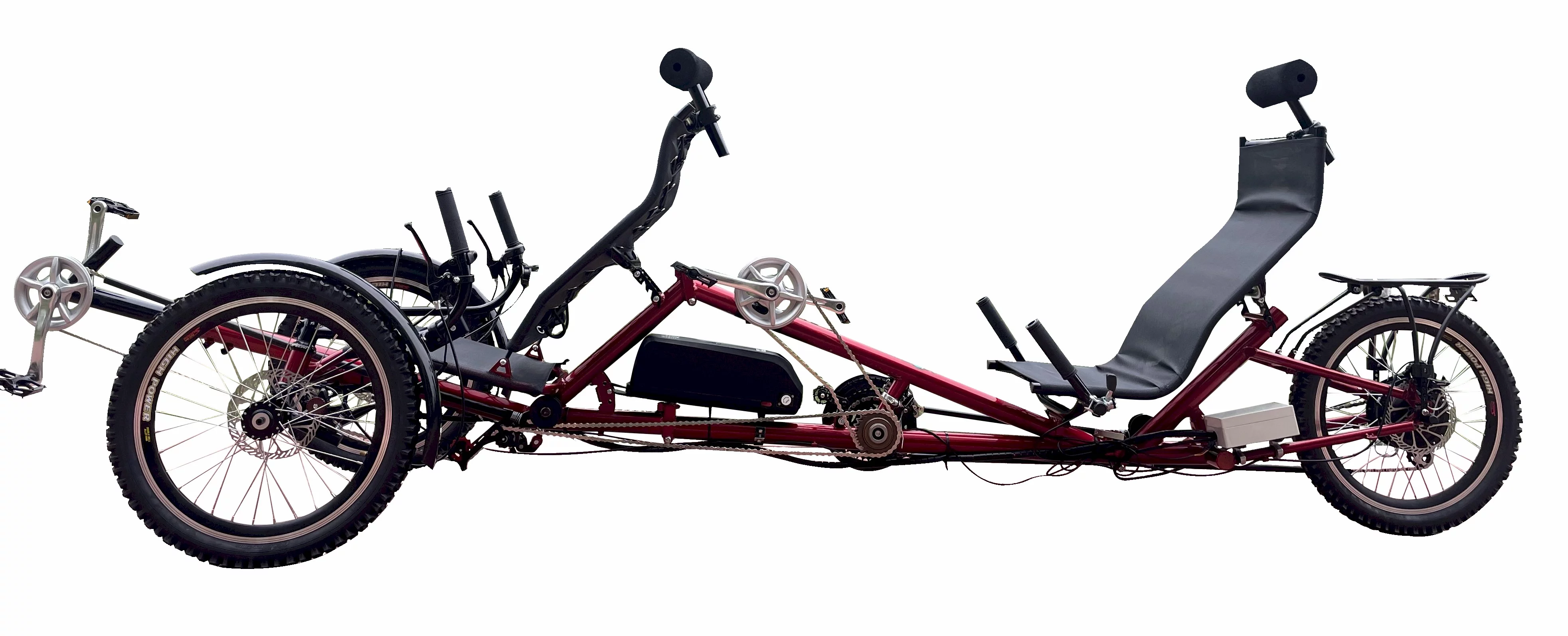 Tandem Electric Recumbent Tadpole Trike | 3 Wheels Layback Bike | Motorized Battery Tricycle