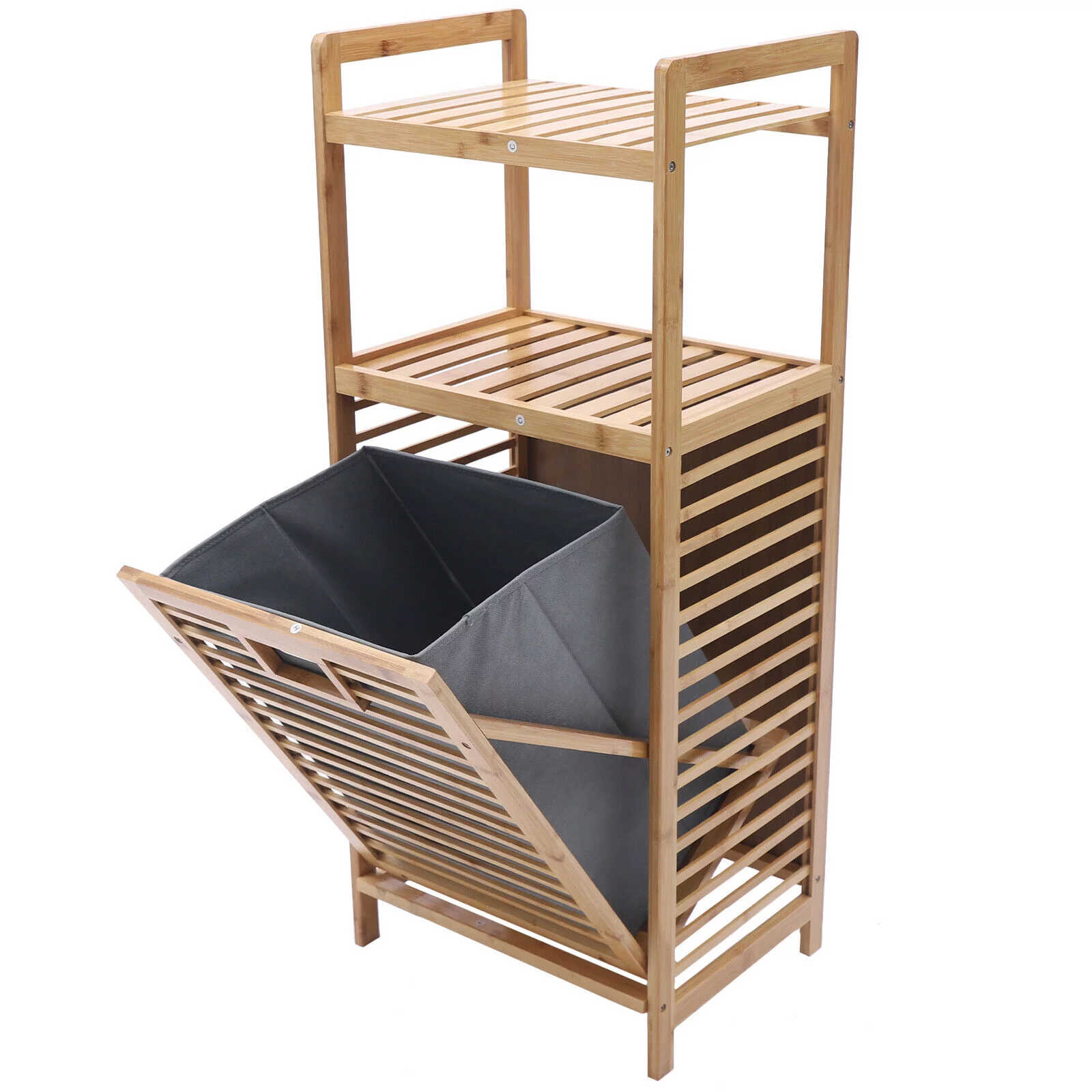 2-Layer Bamboo Laundry Hamper Basket Storage Dirty Clothes Tilt Out Baskets NEW
