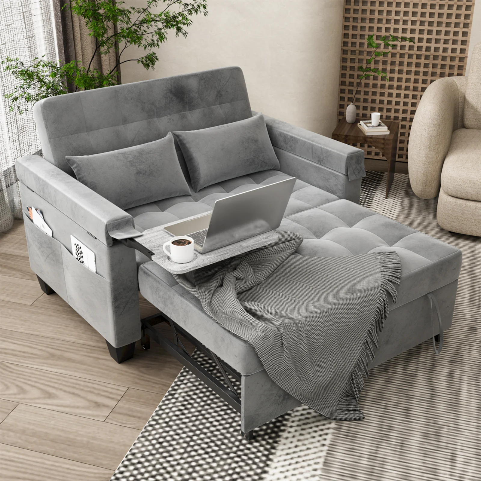 Belord 3-in-1 Convertible Pull Out Sleeper Sofa Bed with Storage Pockets and Side Table, Modern Velvet Loveseat Futon Couch with Adjsutable Backrest & 2 Pillows for Living Room, Bedroom, Grey