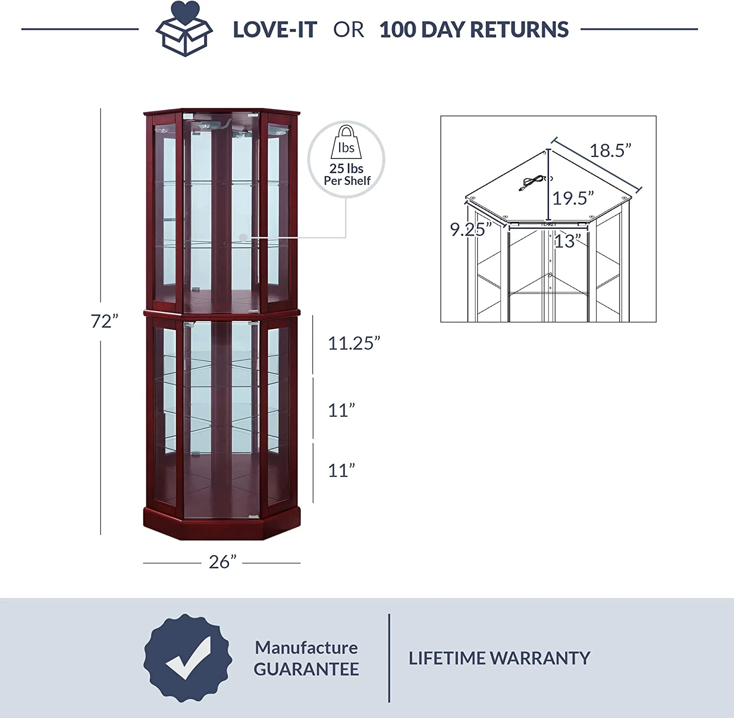 Lighted Corner Display Curio Cabinet Wooden Curved Shelving Unit with Tempered Glass Door, Bar and Liquor Storage Area with 6 Shelves - Ashfield (Cherry)