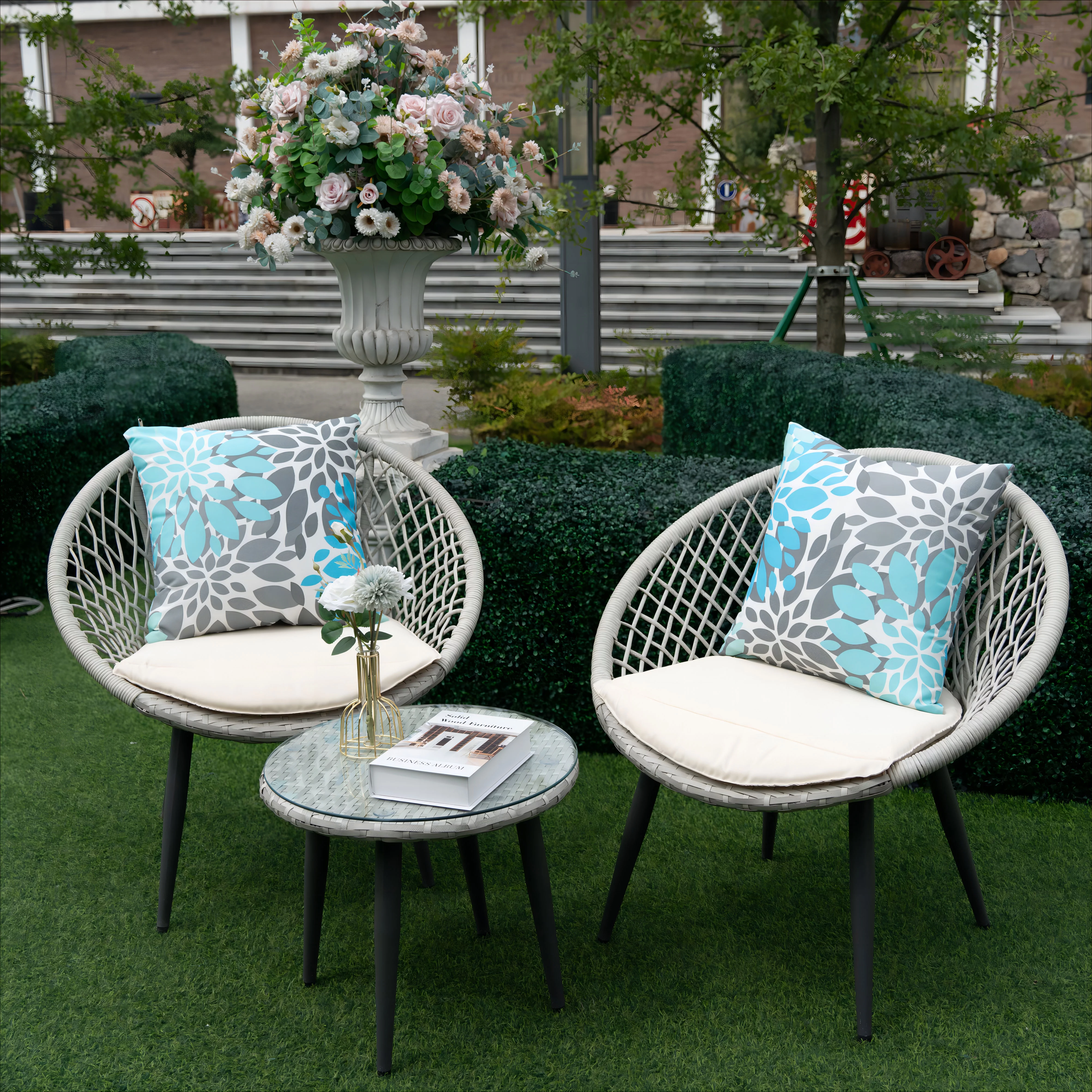 PROHIKER 3-Piece Outdoor Acapulco Patio Bistro Set, PE Rattan Conversation Set with Round Chairs and Glass Top Table, Patio Weave Lounge Chair Porch Set for Backyard Yard