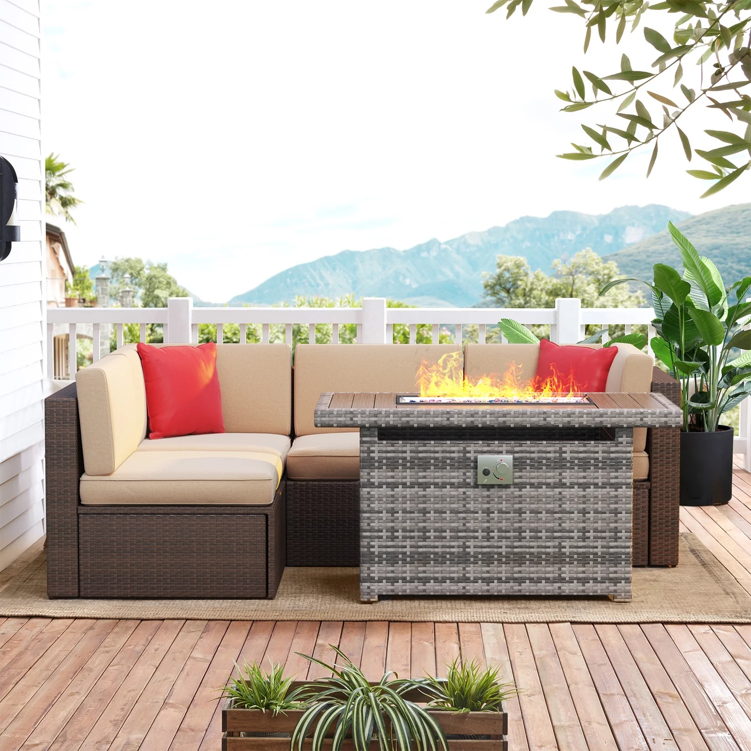 Aoxun 5 Piece Outdoor Patio Conversation Set with 44-inch Fire Pit Table,Outdoor Furniture Sectional Wicker Sofa Set with Beige Cushions