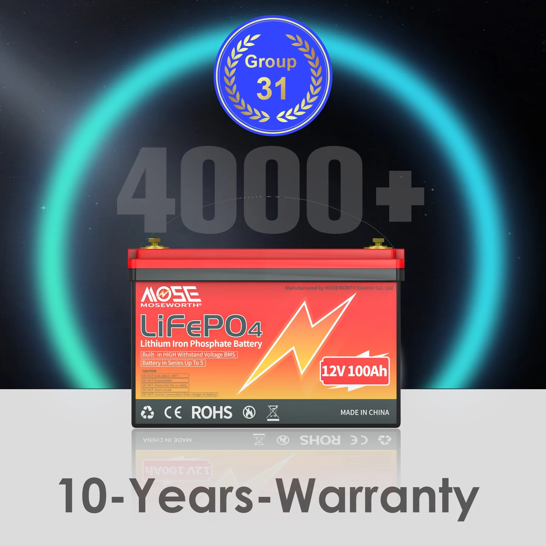 3PACK MOSEWORTH 12V 100Ah Lithium LiFePO4 Battery,15000 Deep Cycles for RV, Marine, Backup Power, Solar