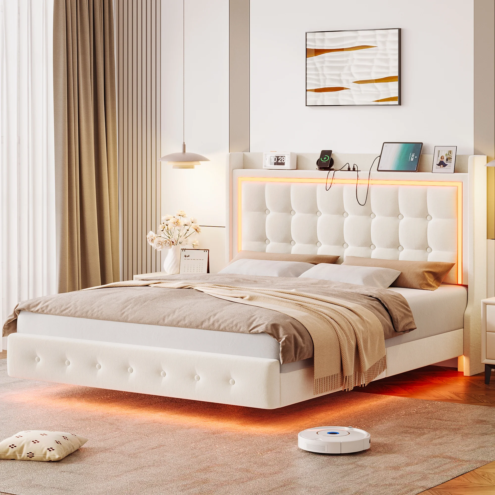 Homfa Full Size Floating Bed with LED Lights & Charging Station, Modern Velvet Upholstered Platform Bed Frame Bed with Storage Headboard, Off-white