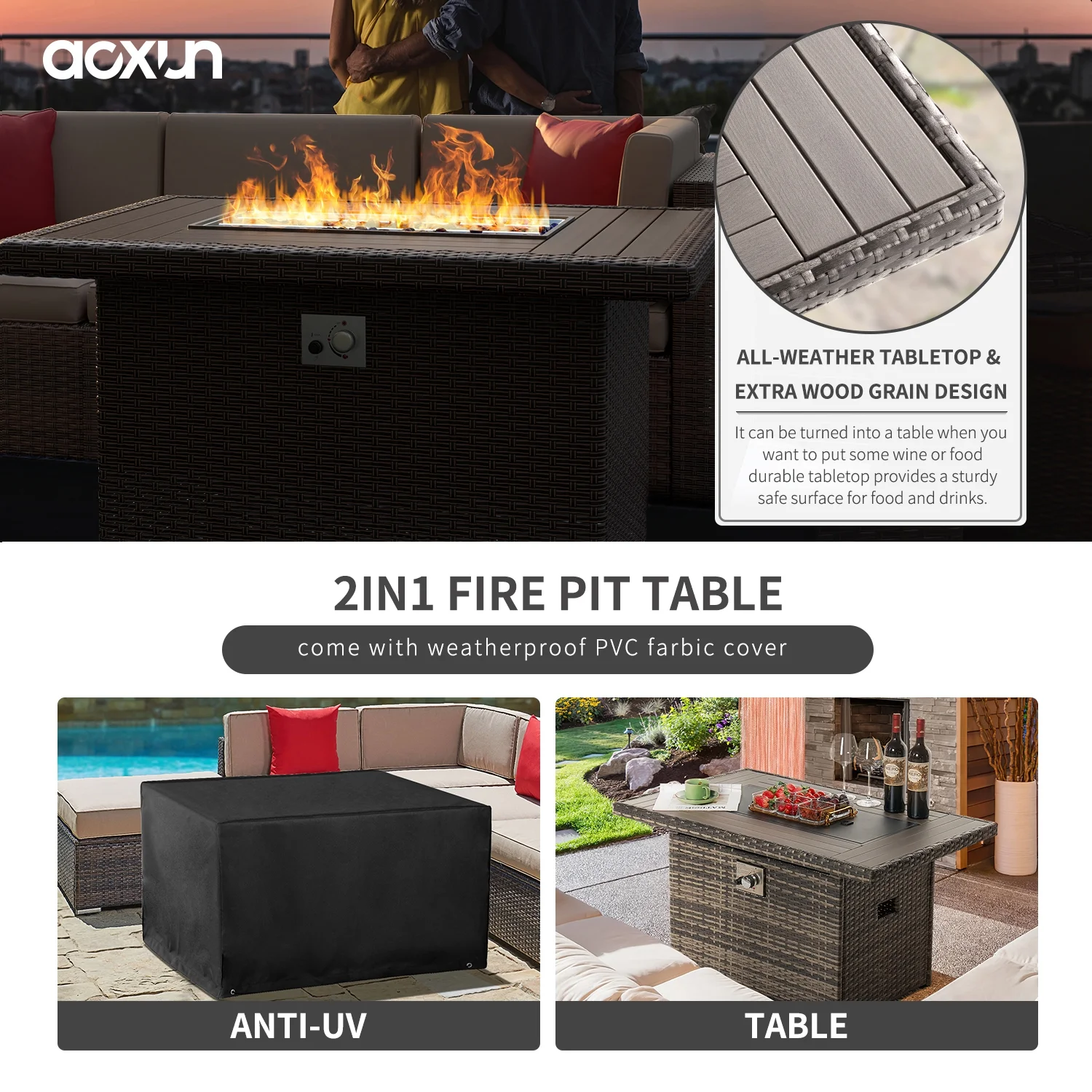 Aoxun 5 Piece Outdoor Patio Conversation Set with 44-inch Fire Pit Table,Outdoor Furniture Sectional Wicker Sofa Set with Beige Cushions