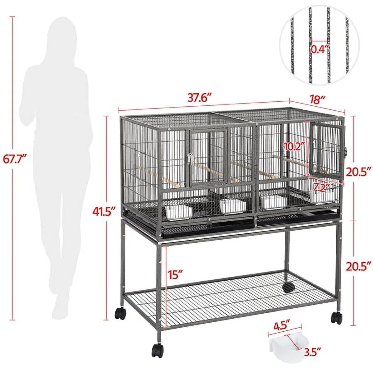 Alden Design Rolling Metal Divided Breeder Cage Stackable Wide bird cage with stand for Small Birds Lovebirds Finch Canaries Parakeets Cockatiels Budgies,Black