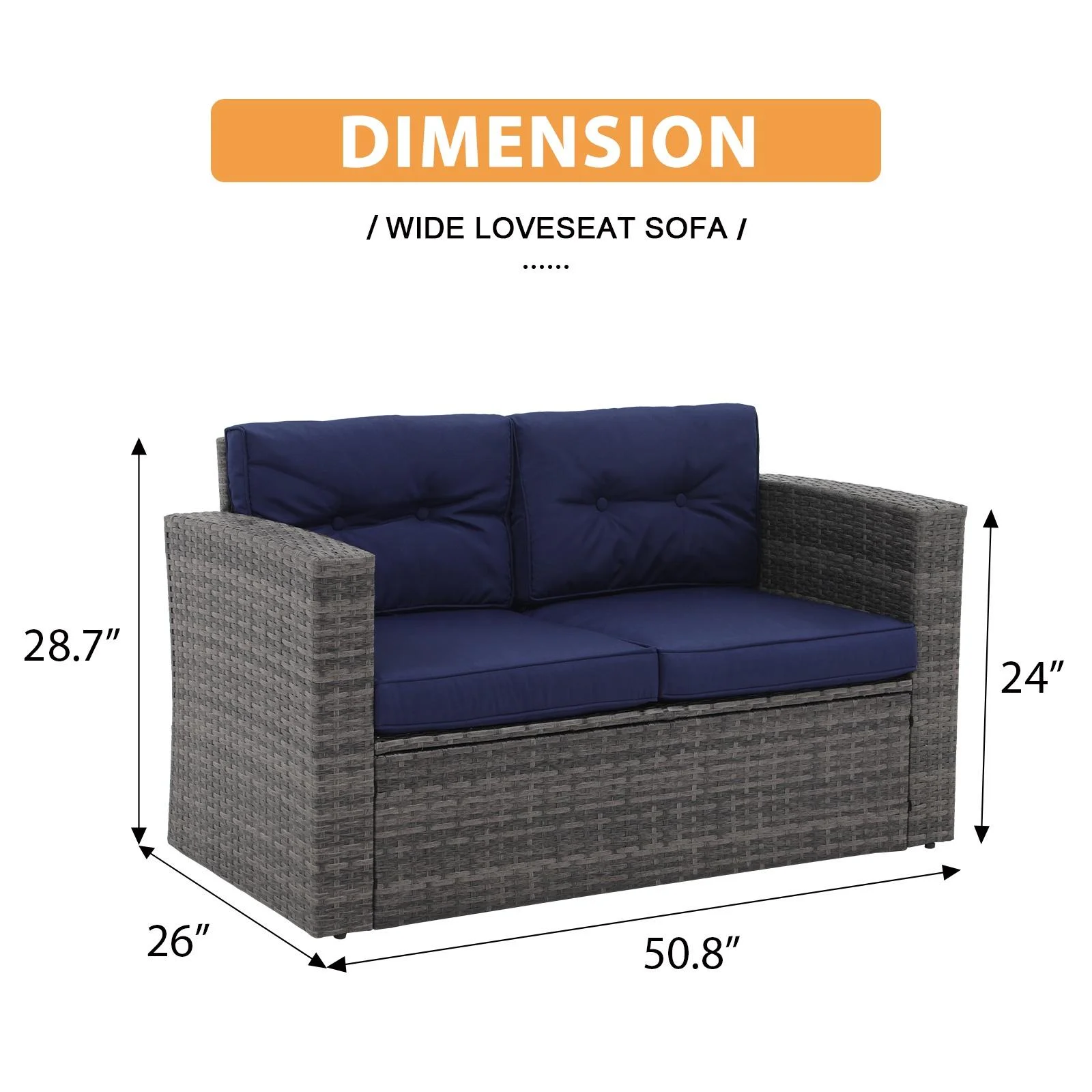 JOIVI Patio Outdoor Wicker Loveseat Sofa, Patio Furniture Rattan 2-seat Couch with Cushions for Outside Balcony, Porch, Deck, Garden, Navy Blue
