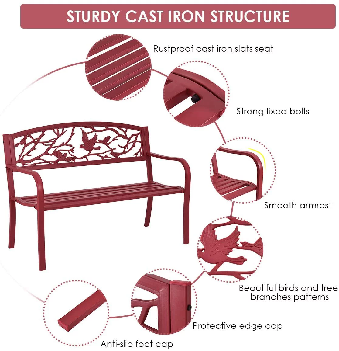 Patio Garden Bench Park Yard Outdoor Furniture Cast Iron Porch Chair (Red)