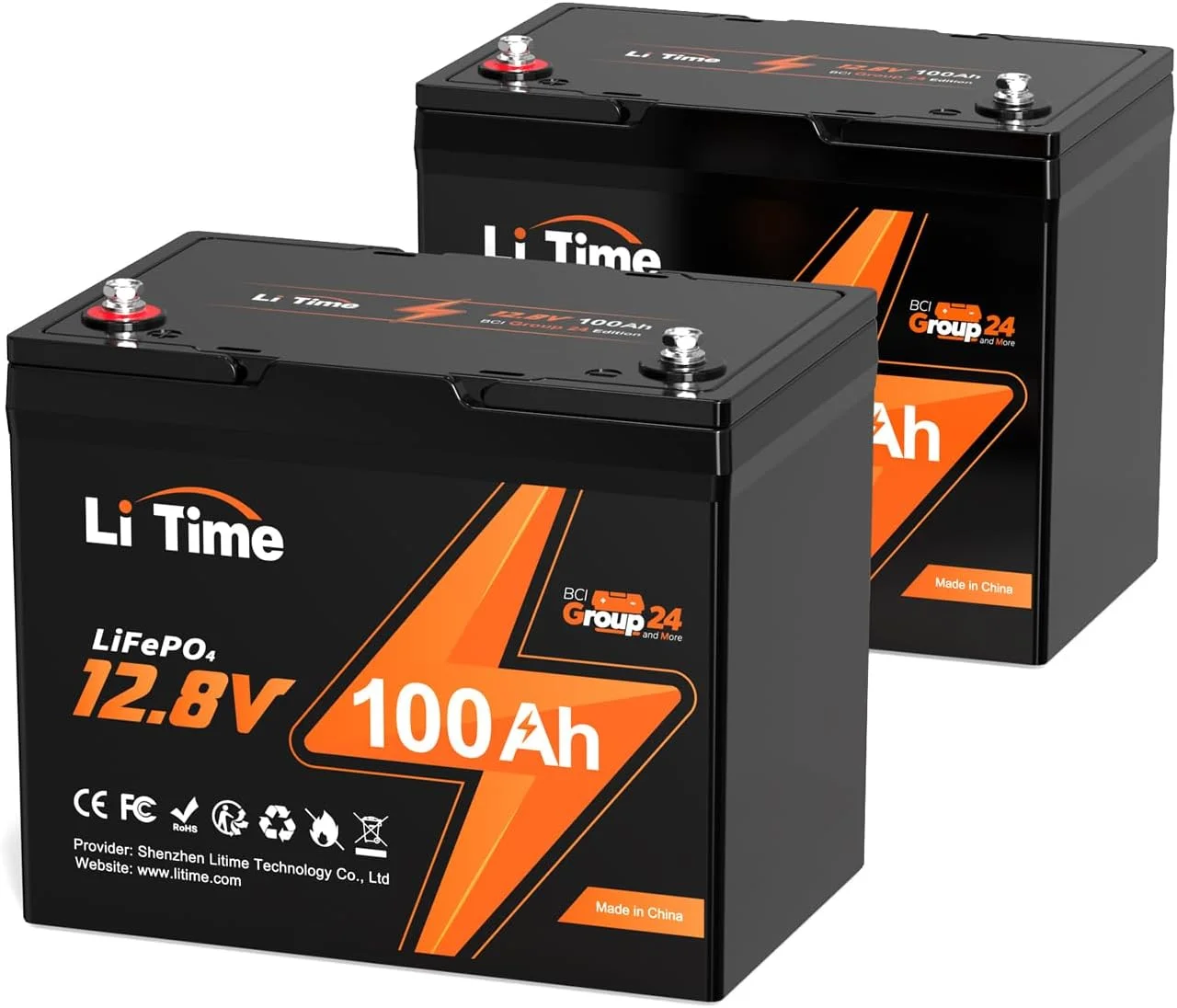 LiTime 2 Pack 12V 100Ah RV Lithium Battery, Group 24 Rechargeable LiFePO4 Battery with Up to 15000 Cycles, 1.28kWh and Higher Energy Density, Perfect for Trolling Motors, Boat, Marine, Solar