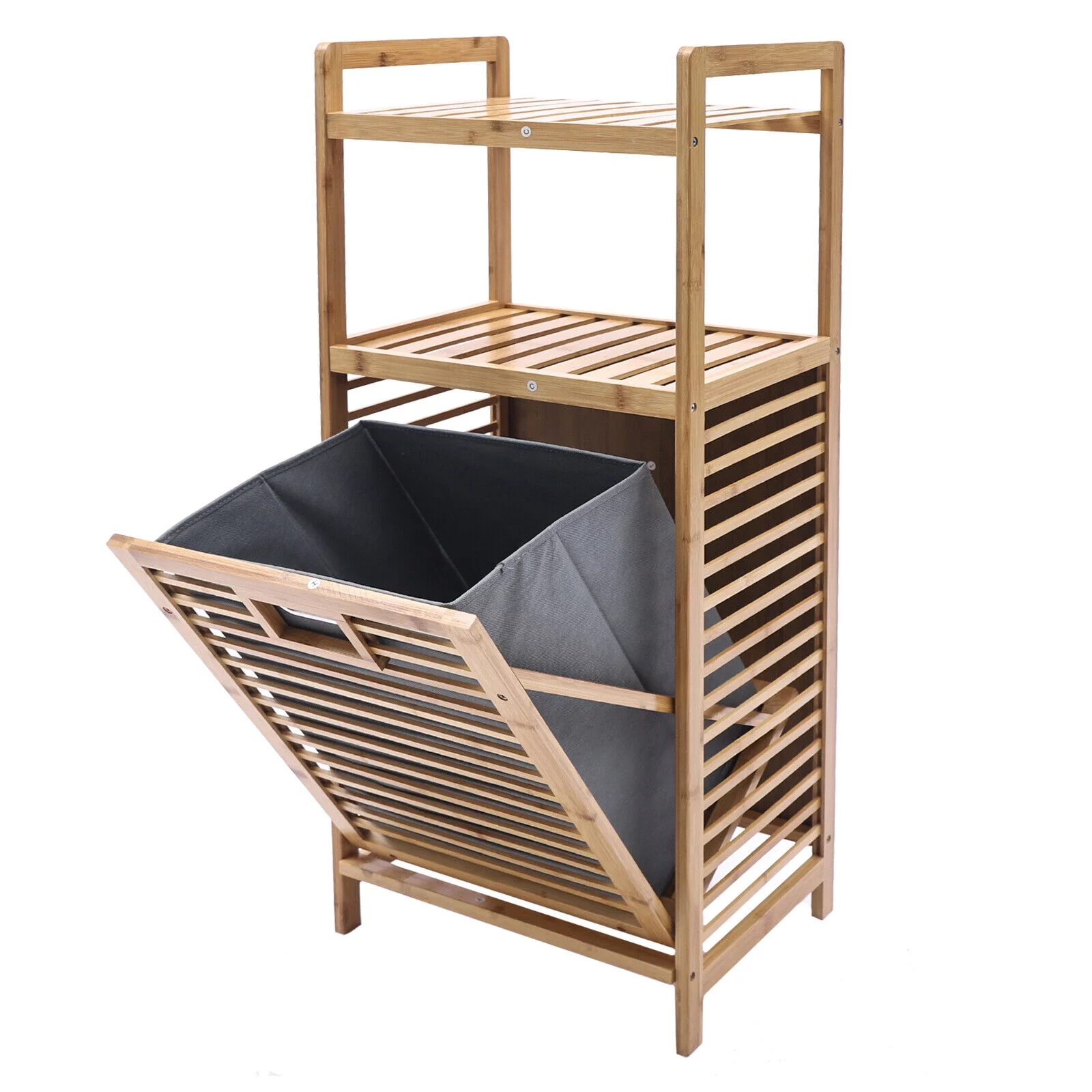 2-Layer Bamboo Laundry Hamper Basket Storage Dirty Clothes Tilt Out Baskets NEW