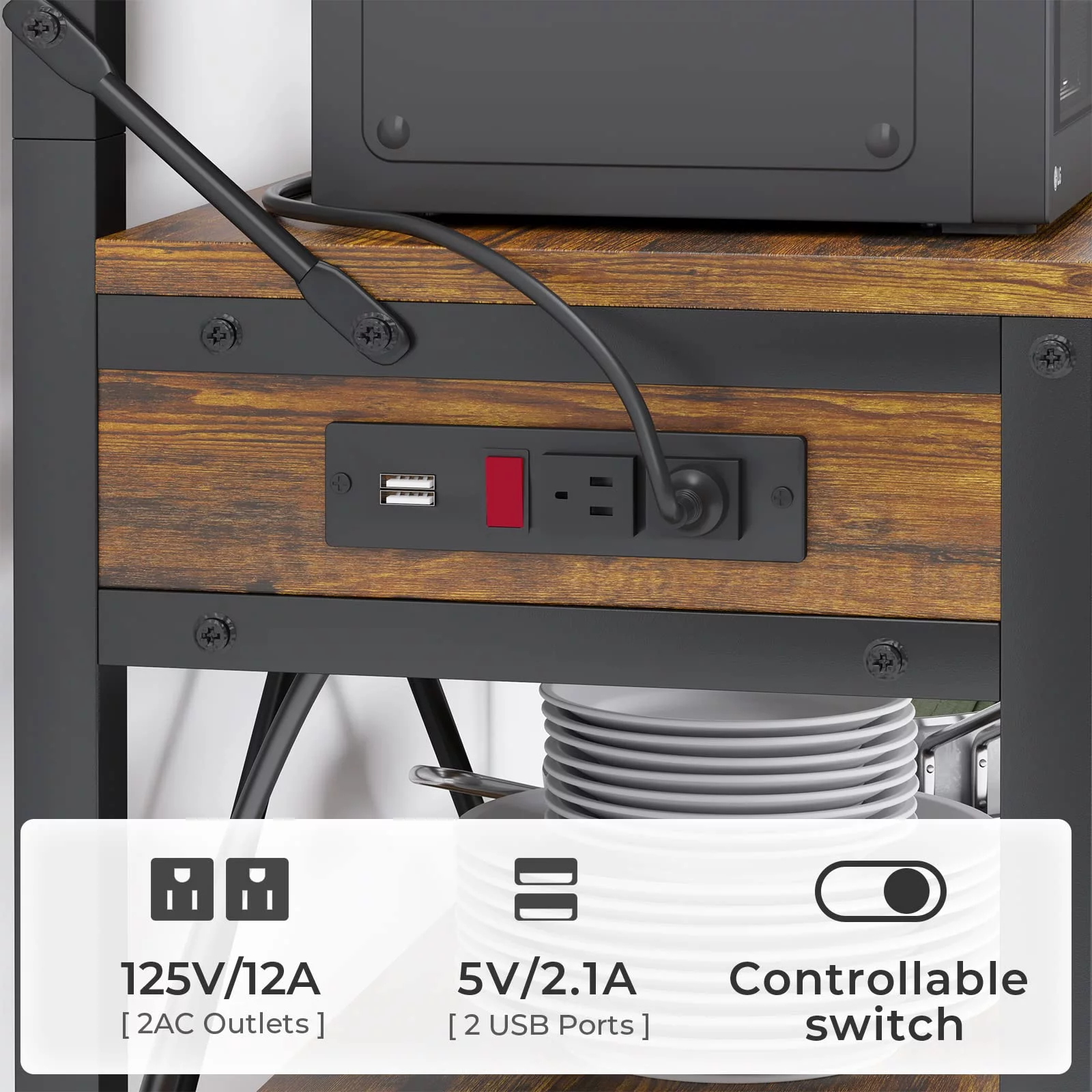 AOGLLATI Bakers Rack with USB Charging Ports, 6-Tier Coffee Bar with LED Lights & Storage, Microwave Stand with Wine Rack,Rustic Brown