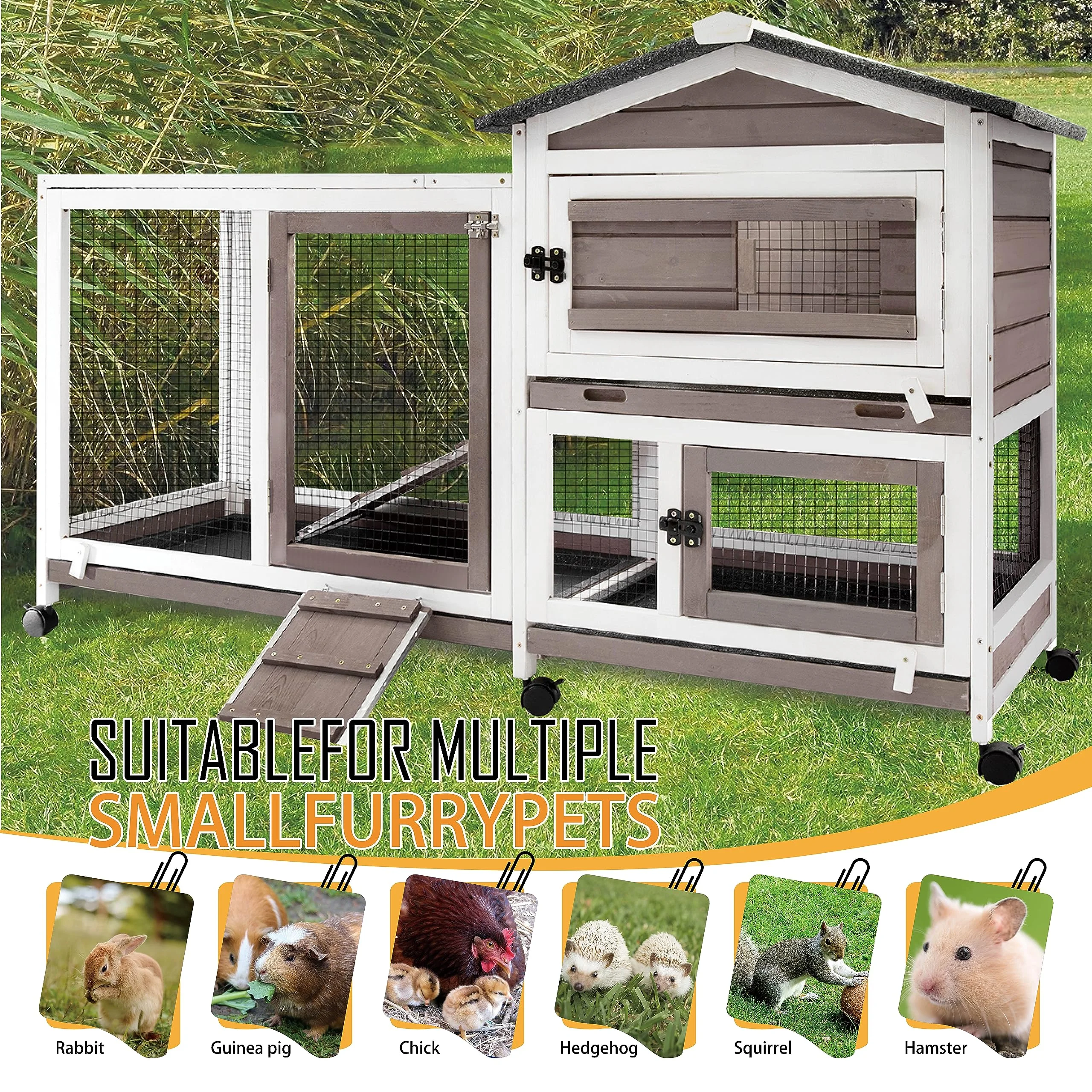 Petscosset Rabbit Hutch Indoor - Bunny Hutch Indoor Upgrade Greywhite Rabbit Cage Wooden Rabbit House with Wheels, Ramp, Openable Roof for Rabbits Guinea Pig Hamster Ferret