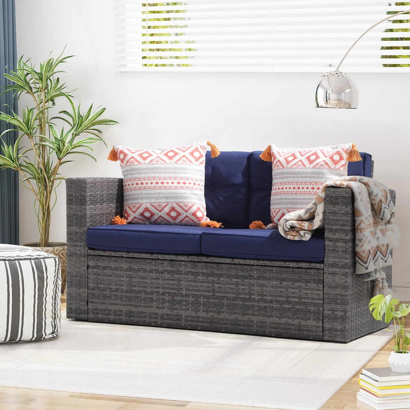 JOIVI Patio Outdoor Wicker Loveseat Sofa, Patio Furniture Rattan 2-seat Couch with Cushions for Outside Balcony, Porch, Deck, Garden, Navy Blue