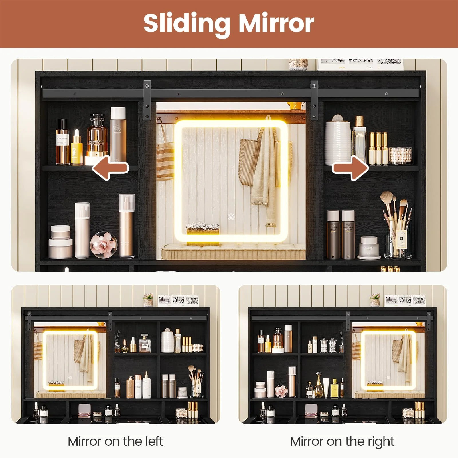 Makeup Vanity Desk with Sliding Mirror and Lights,Farmhouse Vanity Table with Charging Station&5 Drawers&Cabinets, Black