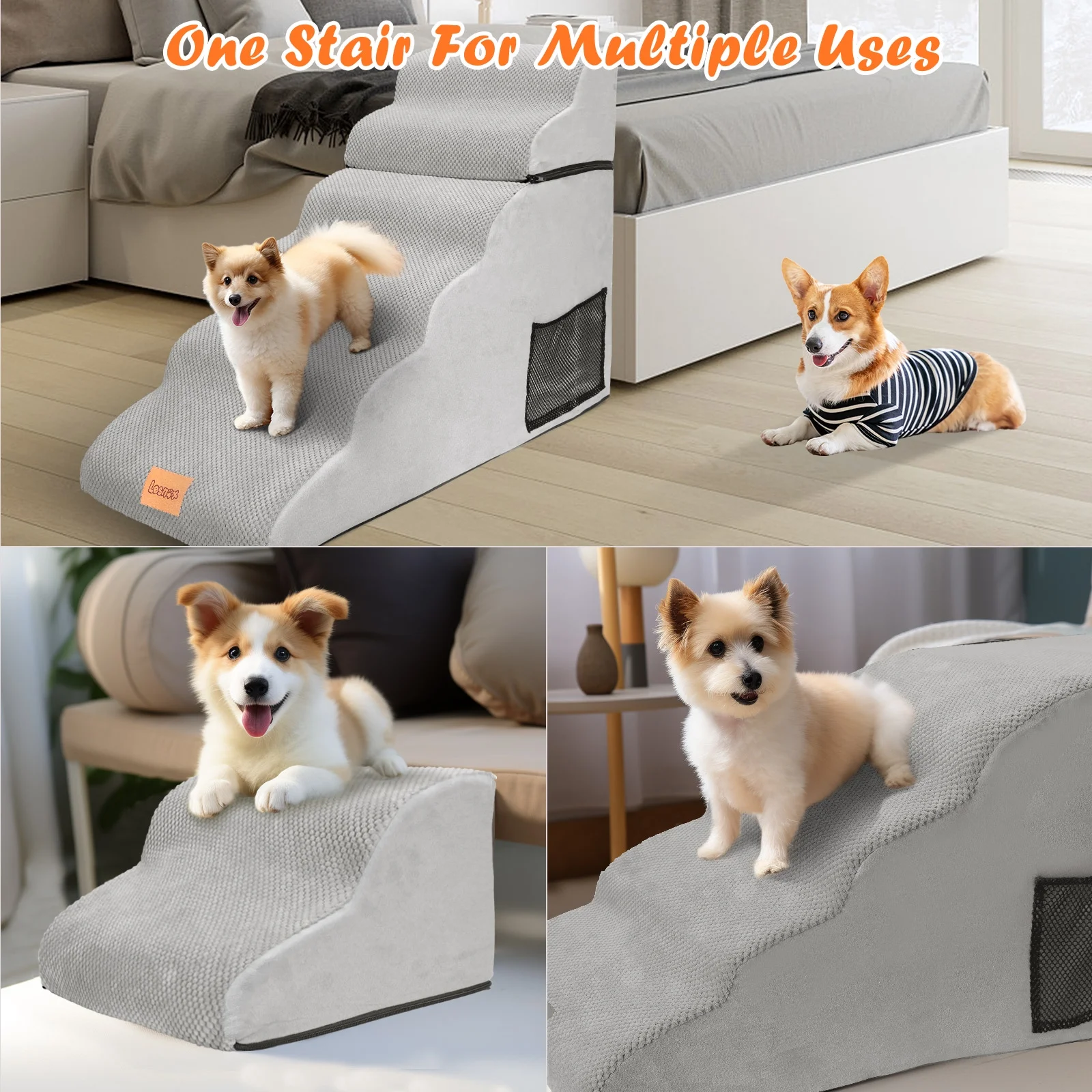 TOPMART 6 Step Pet Stairs for Dogs,Sponge Dog Stairs for High Beds,27.6in High,Grey