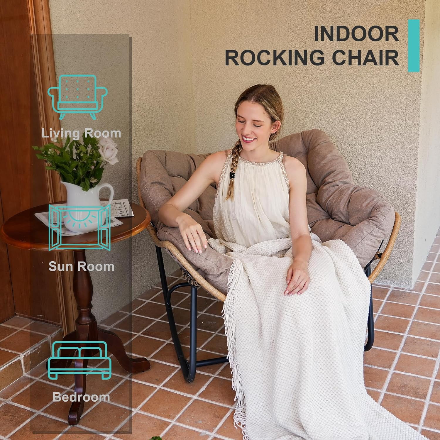 SWITTE Outdoor Rocking Chair, Patio Egg Rocking Chair, Indoor Papasan Chair, Rattan Wicker Lounge Chair, Modern Royal Chair for Bedroom, Living Room, Porch, Garden, Lawn-Blue