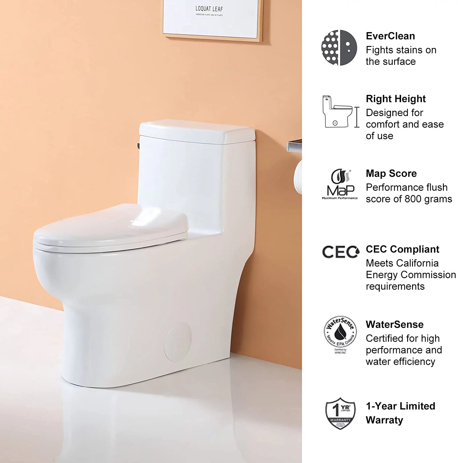 HOROW One Piece Elongated Toilet with Left-Hand Trip Lever, 1.28 GPF, 12'' Rough-In Single Side Flush Toilet for Bathroom, with Soft Closing Seat