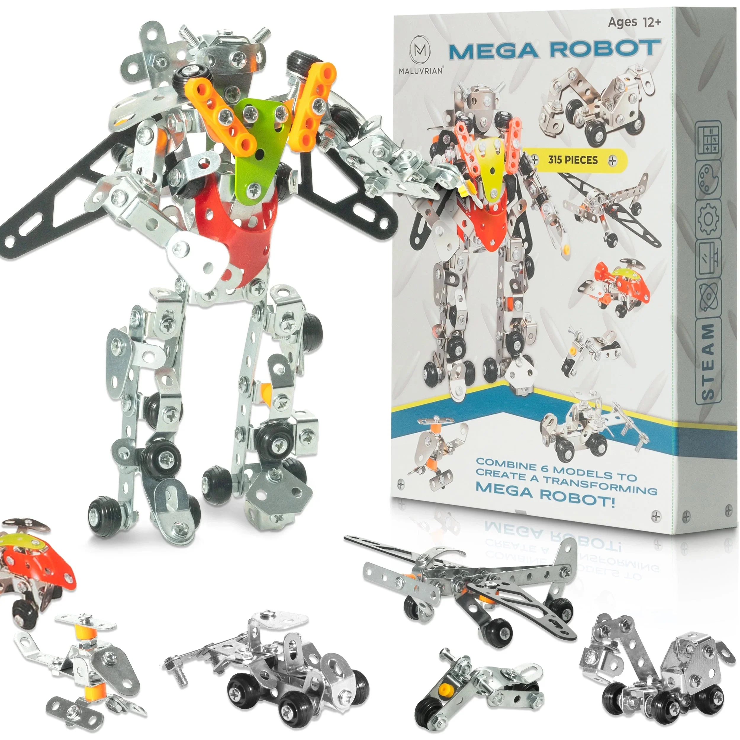 MALUVRIAN Erector Set Transformer Mega Robot for Boys - Girls 7-in-1 Metal Model Kits for Adults Teens Advanced Kids Stem Toy Educational Engineering