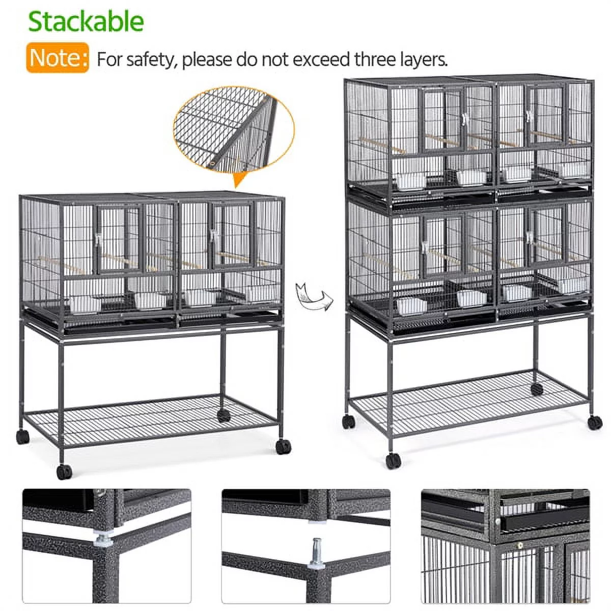 Alden Design Rolling Metal Divided Breeder Cage Stackable Wide bird cage with stand for Small Birds Lovebirds Finch Canaries Parakeets Cockatiels Budgies,Black