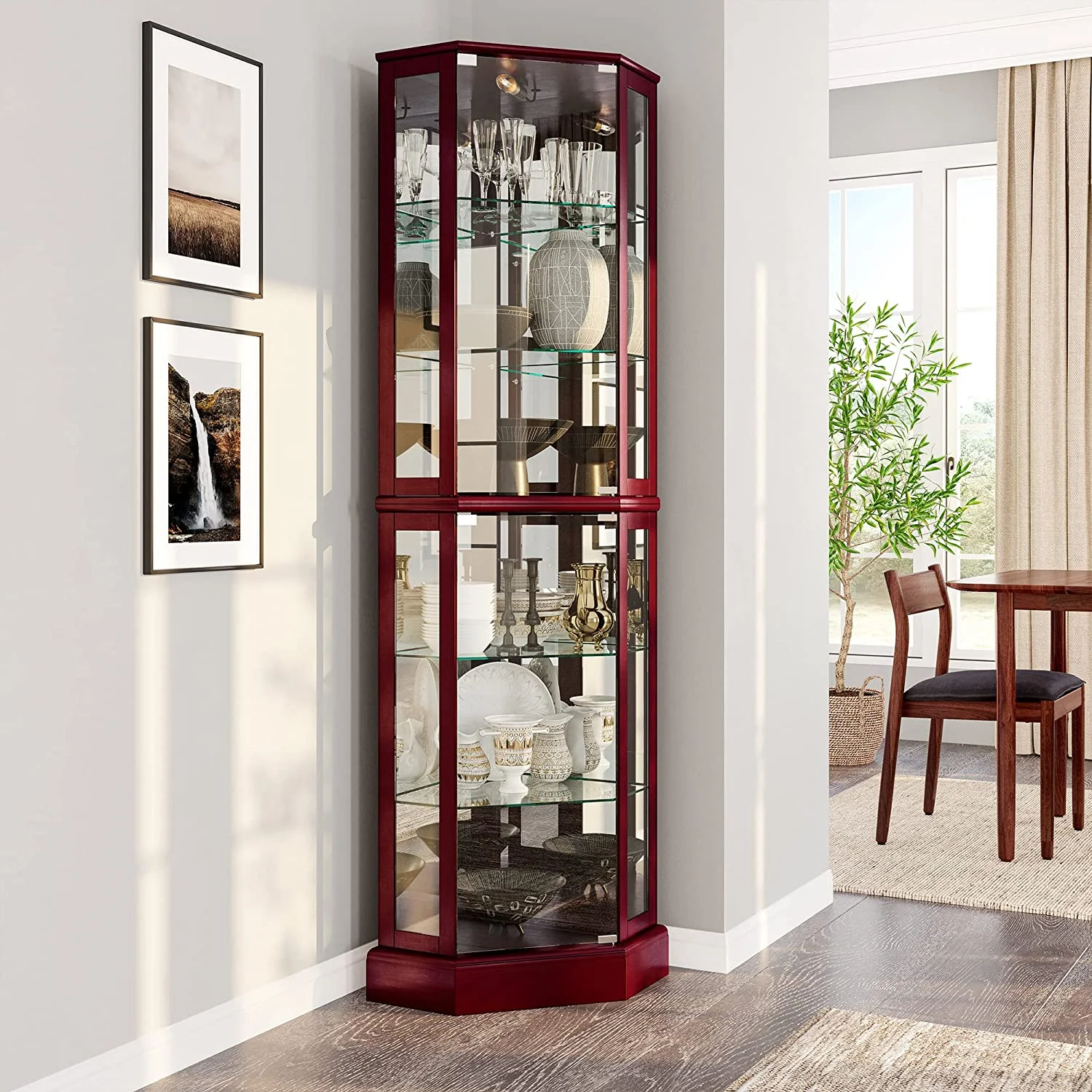 Lighted Corner Display Curio Cabinet Wooden Curved Shelving Unit with Tempered Glass Door, Bar and Liquor Storage Area with 6 Shelves - Ashfield (Cherry)