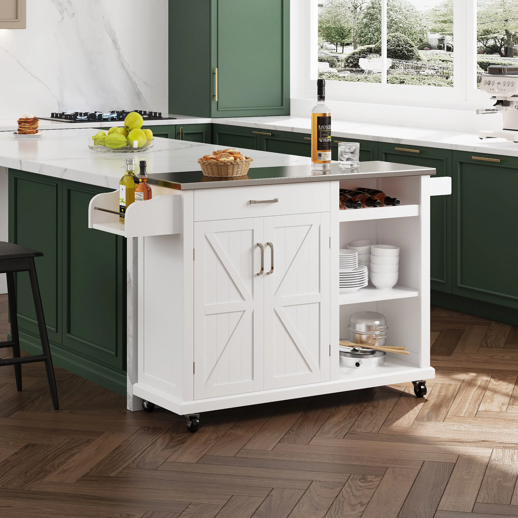 Rolling Kitchen Island Cart with Stainless Steel Top and Wine Rack, Kitchen Island on Wheels with Drawer & Open Shelves & Spice Rack(White-Stainless Top)