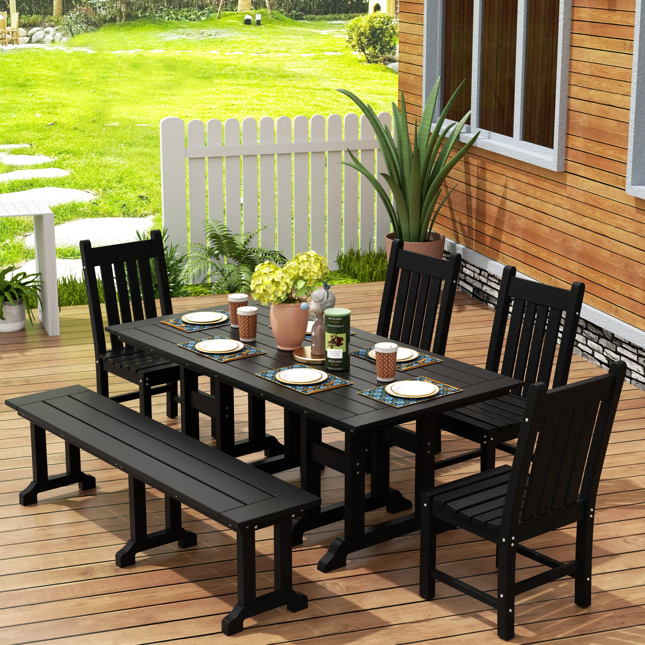 WestinTrends Malibu 6 Piece Outdoor Dining Set with Bench, All Weather Poly Lumber Patio Table and Chairs Set, 71