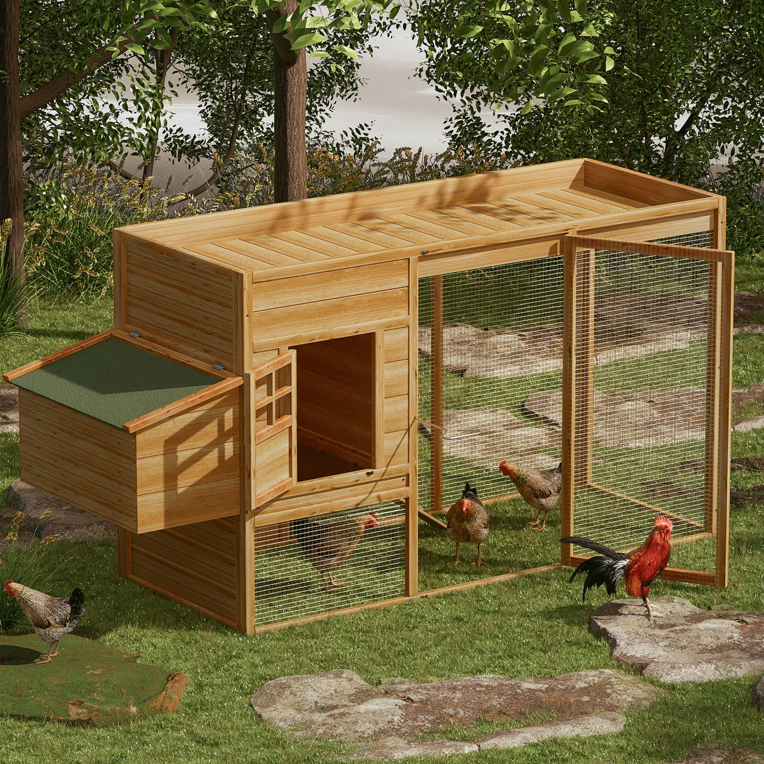 Magshion Outdoor Chicken Coop with Nesting Box, Outdoor Hen Run House with Slide-Out Tray and Sliding Door, Weatherproof Poultry Cage, Rabbit Hutch, Wood Duck House (Natural)