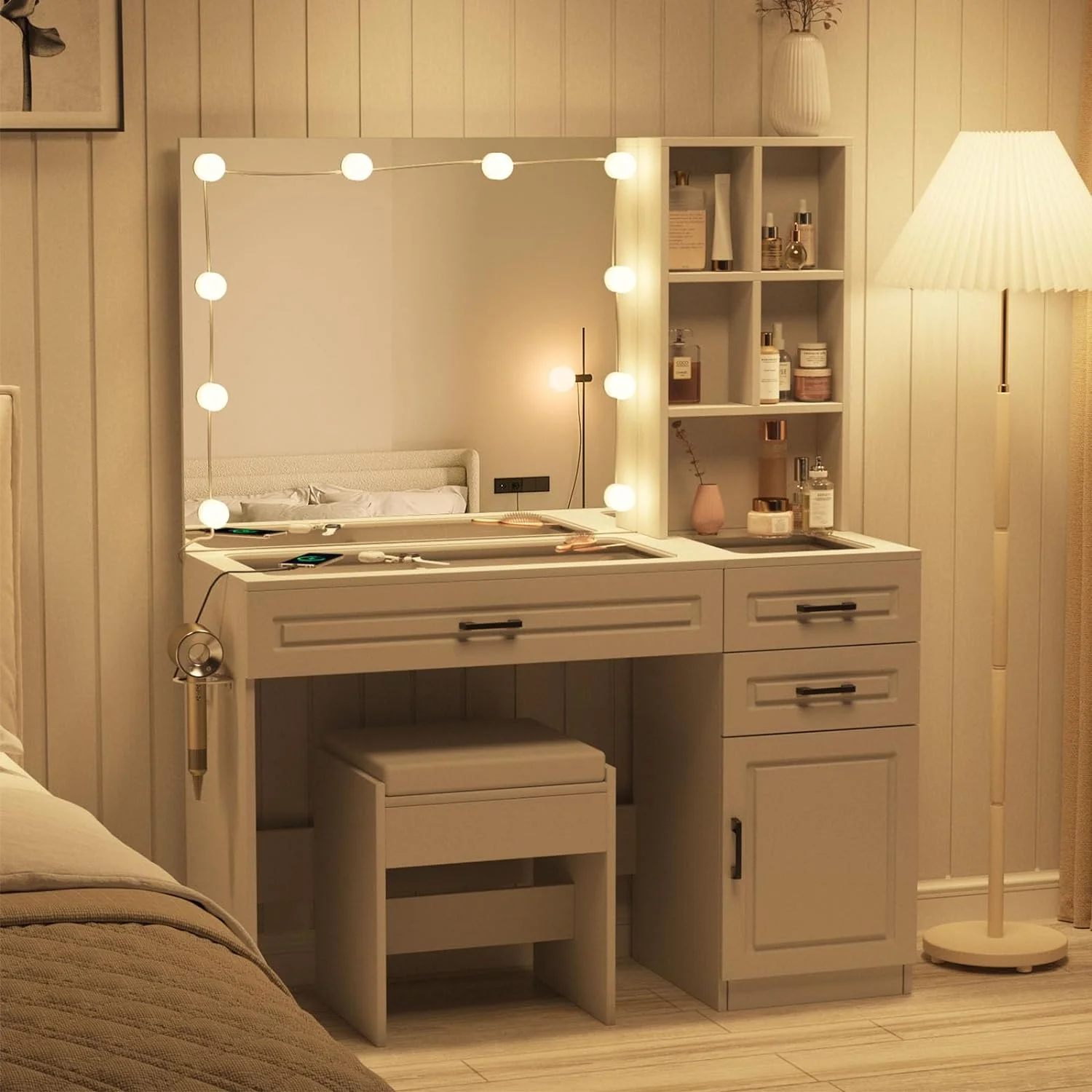 ONKER White Vanity Desk with Mirror and Lights,Glass Top Vanity Table with 3 Drawers and Cabinets,Large HD Mirror Makeup Desk,3 Lighting Modes, Brightness Adjustable,45 in(L)