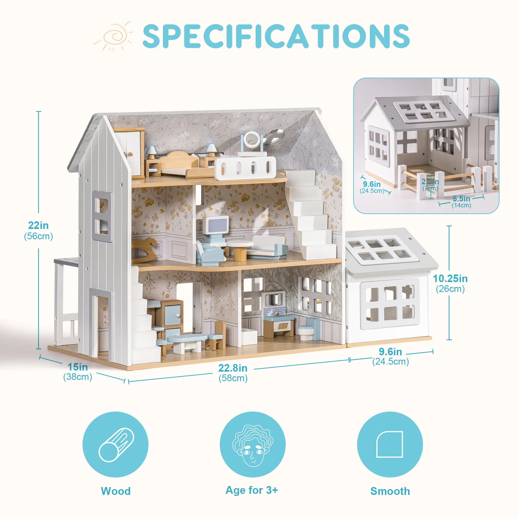 Robud Wooden Dollhouse Set with 25pcs Furniture,6-Room Doll Playhouse,Preschool Toy for Toddlers Kids Age 3+,Gray