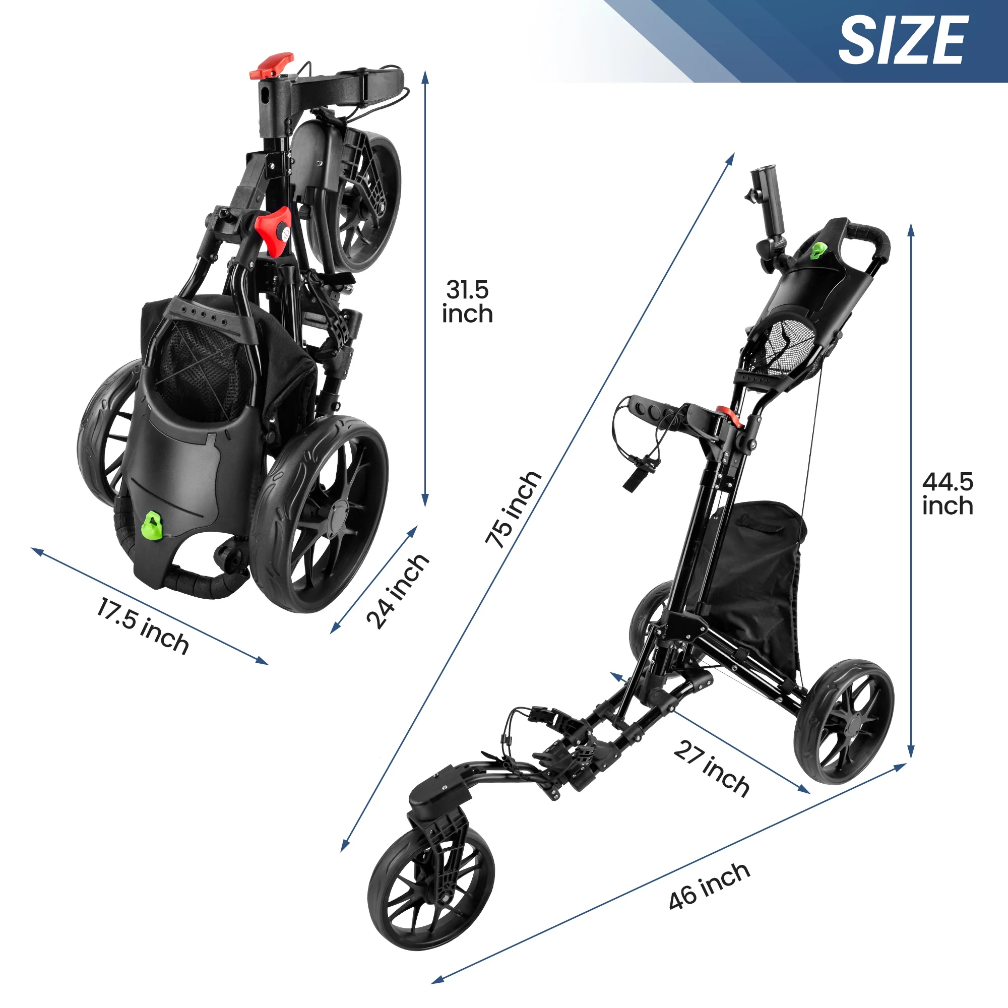 BOBOPRO Universal Wheel Golf Push Cart with Footbrake, Bottle Holder, Umbrella Stand, Cooler Bag,Balck