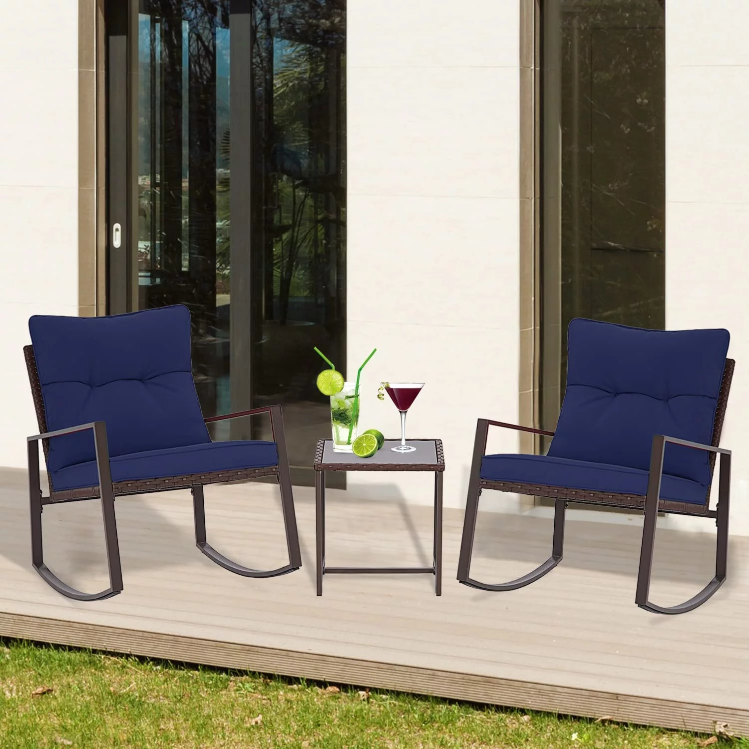 3 Piece Outdoor Rocking Bistro Set Brown Wicker  Porch Chairs Conversation Sets with Glass Coffee Table  Dark Grey