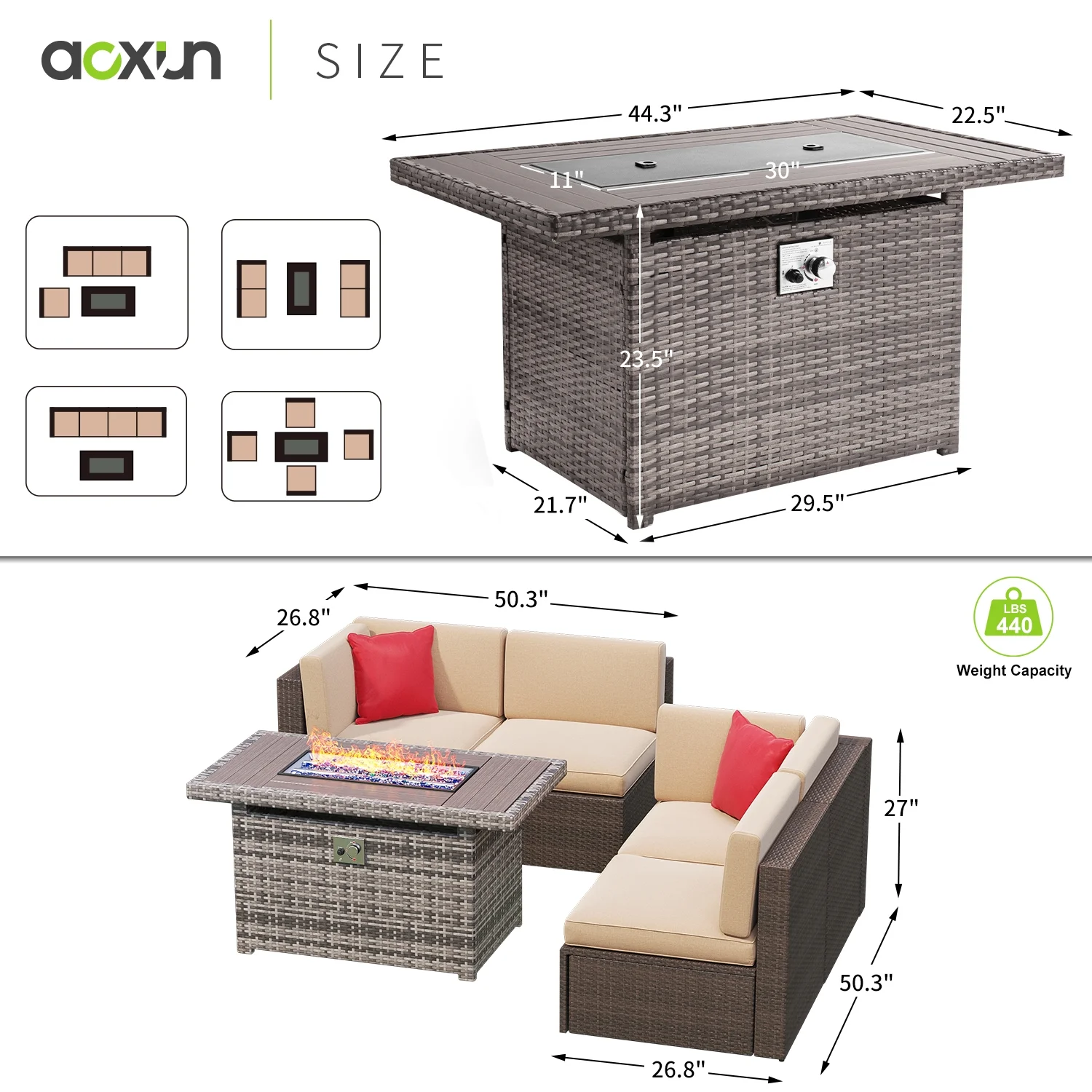 Aoxun 5 Piece Outdoor Patio Conversation Set with 44-inch Fire Pit Table,Outdoor Furniture Sectional Wicker Sofa Set with Beige Cushions