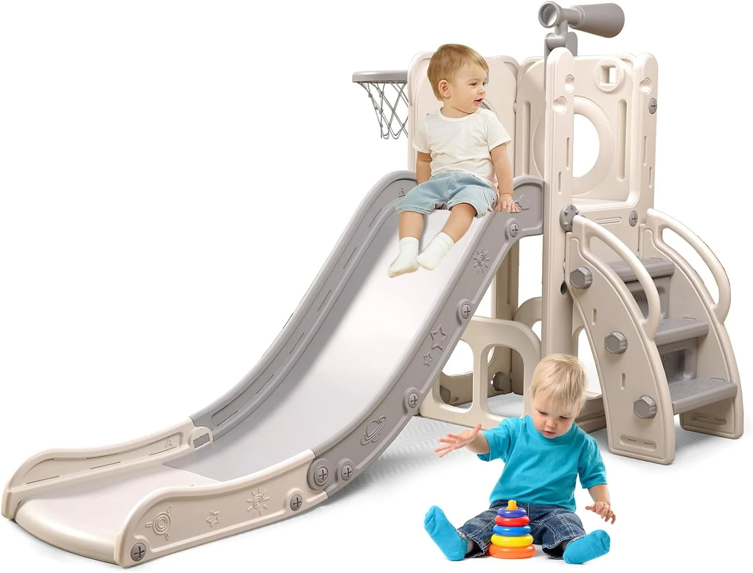 6 in 1 Toddler Playset with Slide,Toddler Slide,Slide for Kids with Basketball Hoop,Ball,Ring Toss,Kids Slide Toddler Playground Toddler Slide Indoor Outdoor Toys (6 in 1, White Grey)