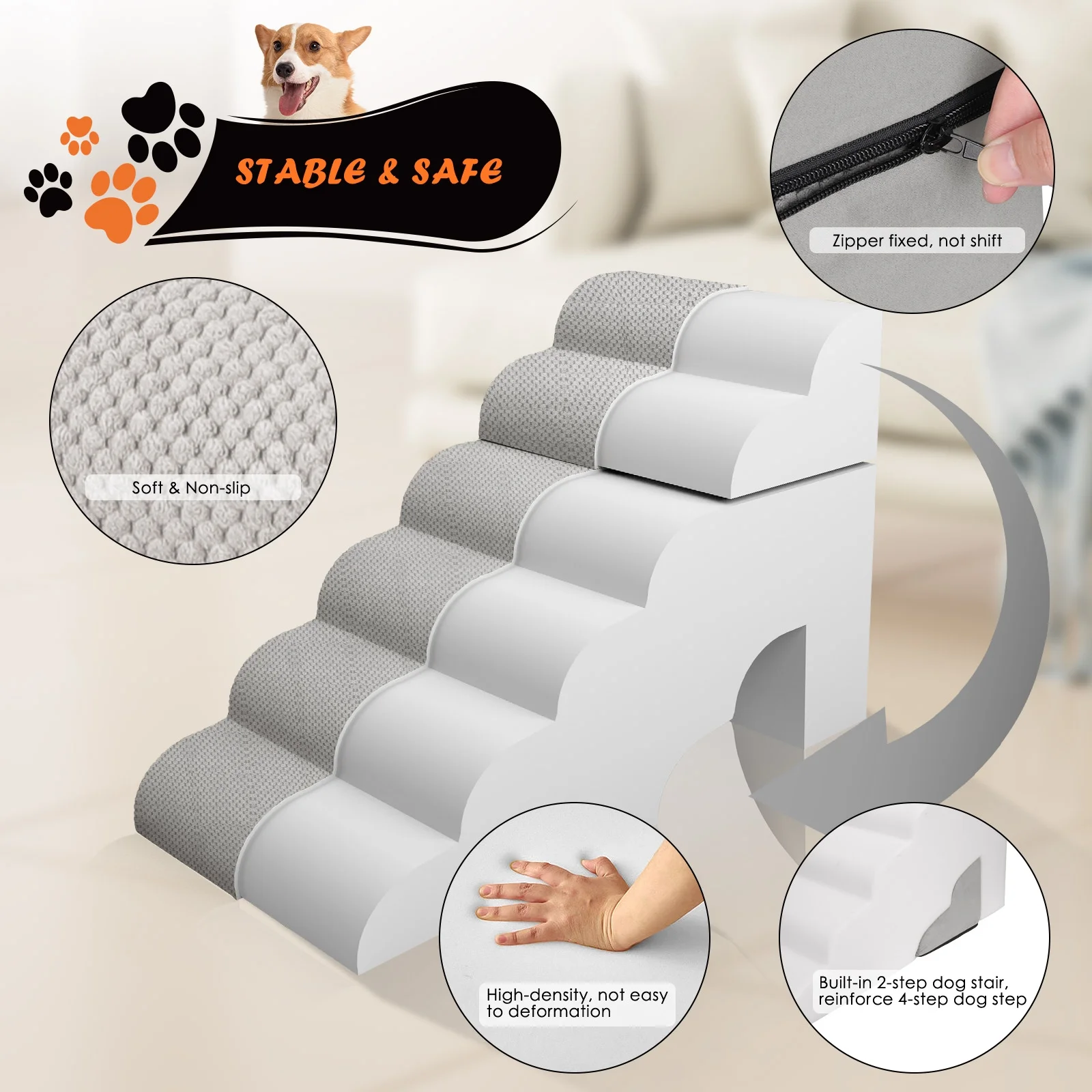 TOPMART 6 Step Pet Stairs for Dogs,Sponge Dog Stairs for High Beds,27.6in High,Grey