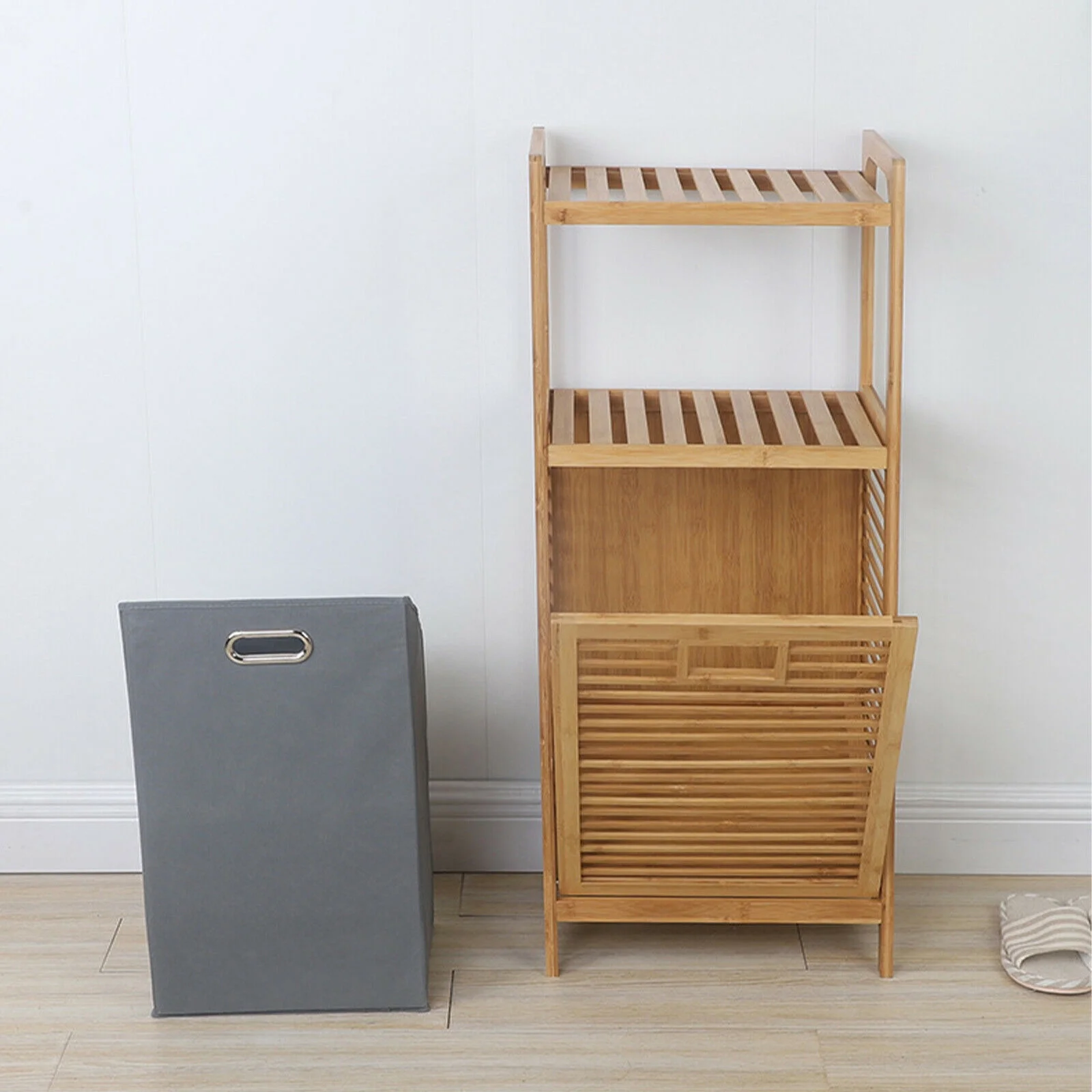 2-Layer Bamboo Laundry Hamper Basket Storage Dirty Clothes Tilt Out Baskets NEW